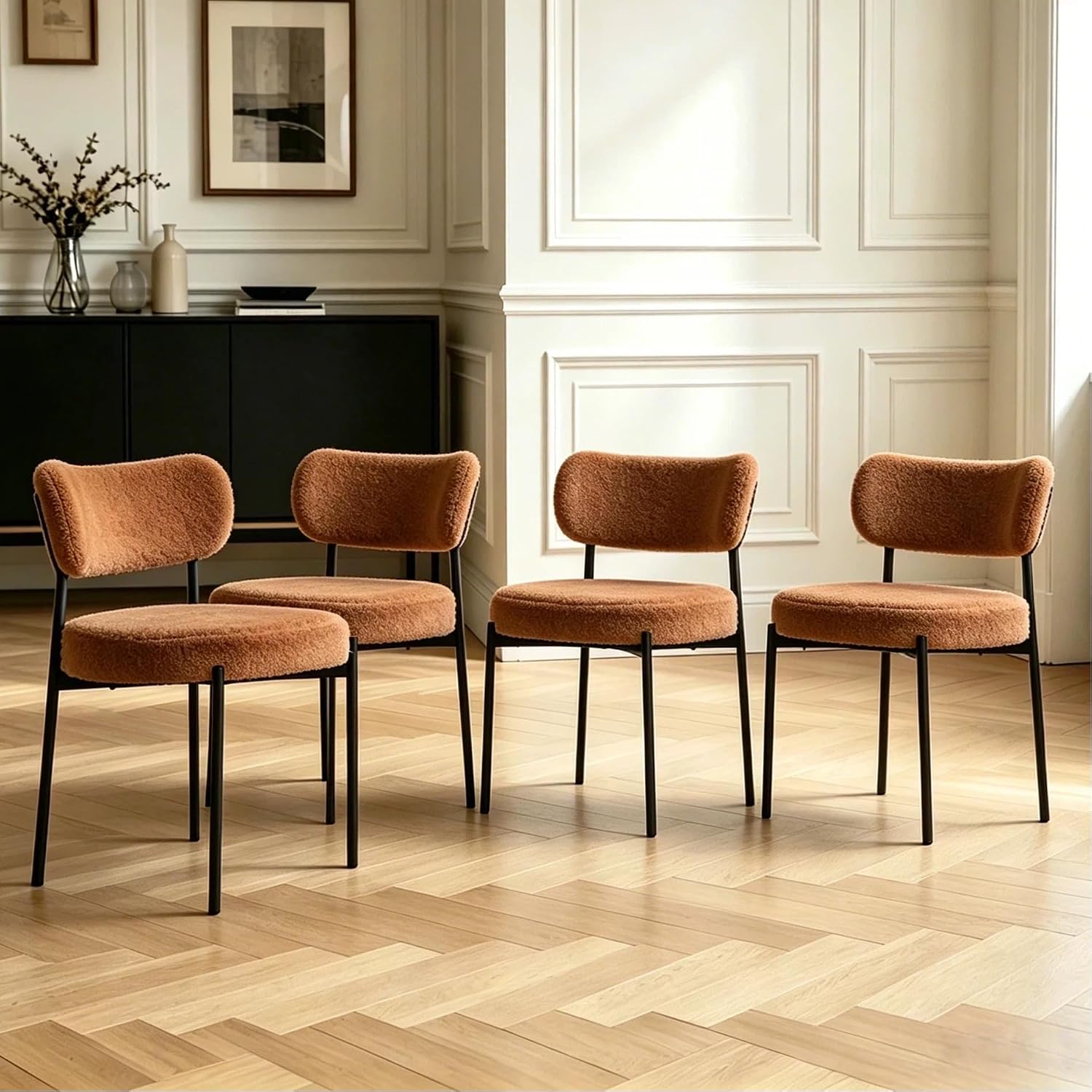 Boucle Dining Chair Set of 6, Mid Century Modern Upholstered Kitchen Chairs with Curved Backrest & Black Metal Legs, Round Dining Room Chairs, Brown