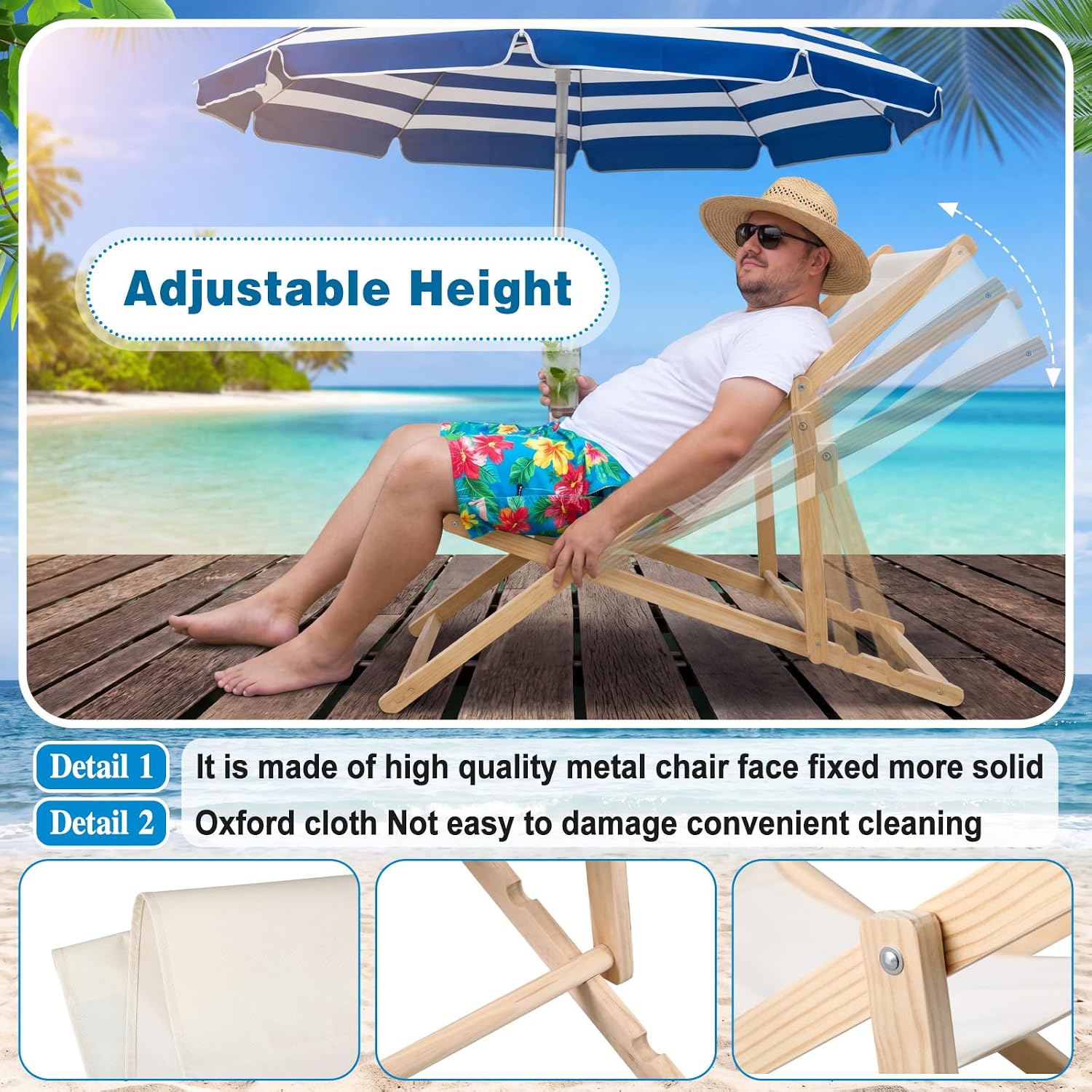 AceOrbit 2 Pcs Outdoor Folding Sling Chair - Solid Pine Wood Frame & Breathable Oxford Fabric - 3-Position Adjustable Portable Lounge Chair for Beach, Patio, and Backyard (Cream White)