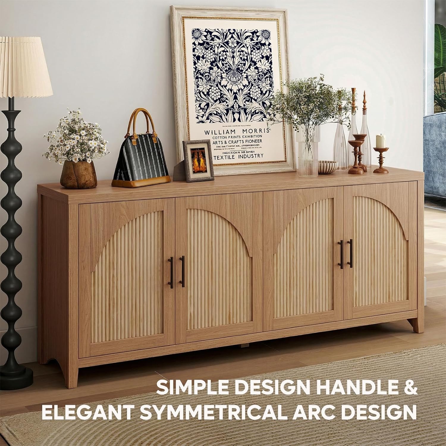 Bestier 70" Sideboard Buffet Cabinet with Storage, Boho Credenza Storage Cabinet, Farmhouse Arch Fluted Doors & Adjustable Shelves, Wood Long Buffet Cabinet for Living Room, Entryway, English Oak