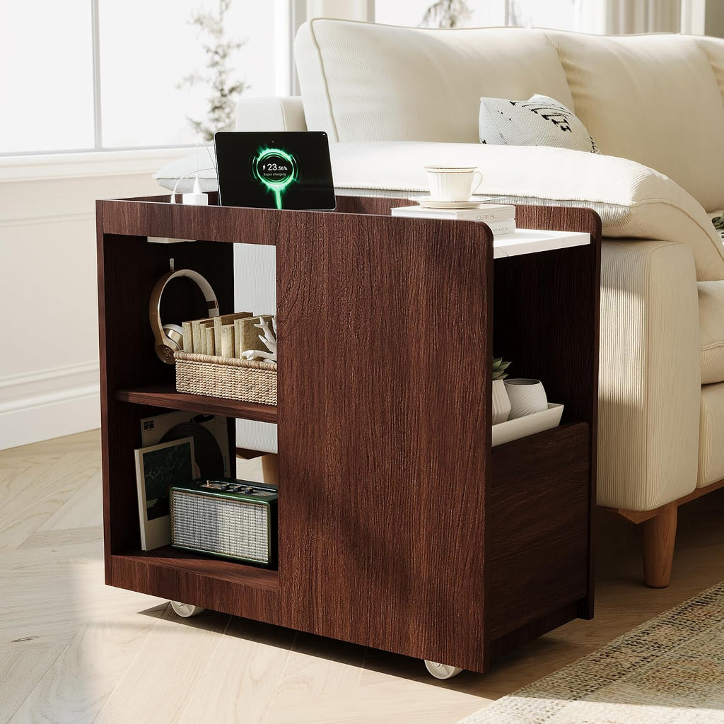 Garvee Narrow End Table with Charging Station, Rolling Side Table with Drawer, Adjustable Shelf, 2 AC Outlets, USB and Type-C Ports, Lockable Wheels, Walnut