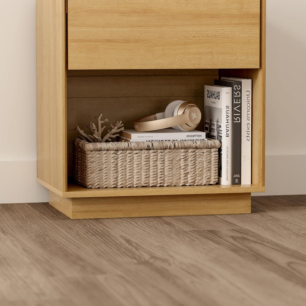 Wood End Side Table Modern Farmhouse Nightstand Bedside Cabinet with Storage Drawer and Open Shelf for Bedroom, Living Room, Natural Oak