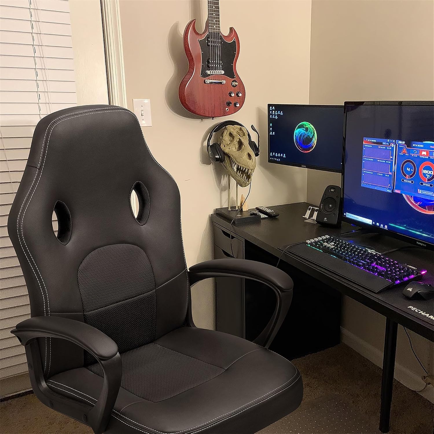 GUNJI Computer Chair PU Leather High Back Office Modern Racing Style Game Chair Adjustable Executive Ergonomic Desk with Padded Armrests and Lumbar Support (Black)