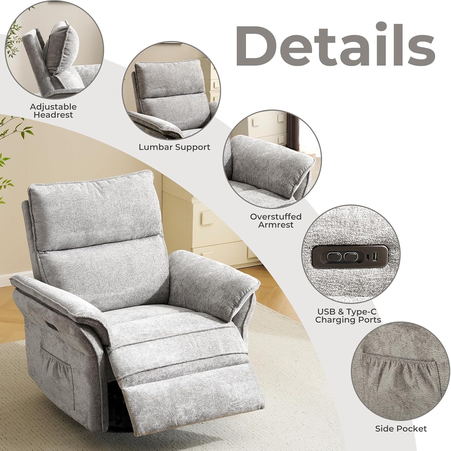 Power Swivel Rocker Recliner, Glider Recliner Nursery Chair with Massage and Heat, Nursery Rocking Chairs with Adjustable Headrest for Living Room，USB Ports,Side Pockets,Chenille Light Grey