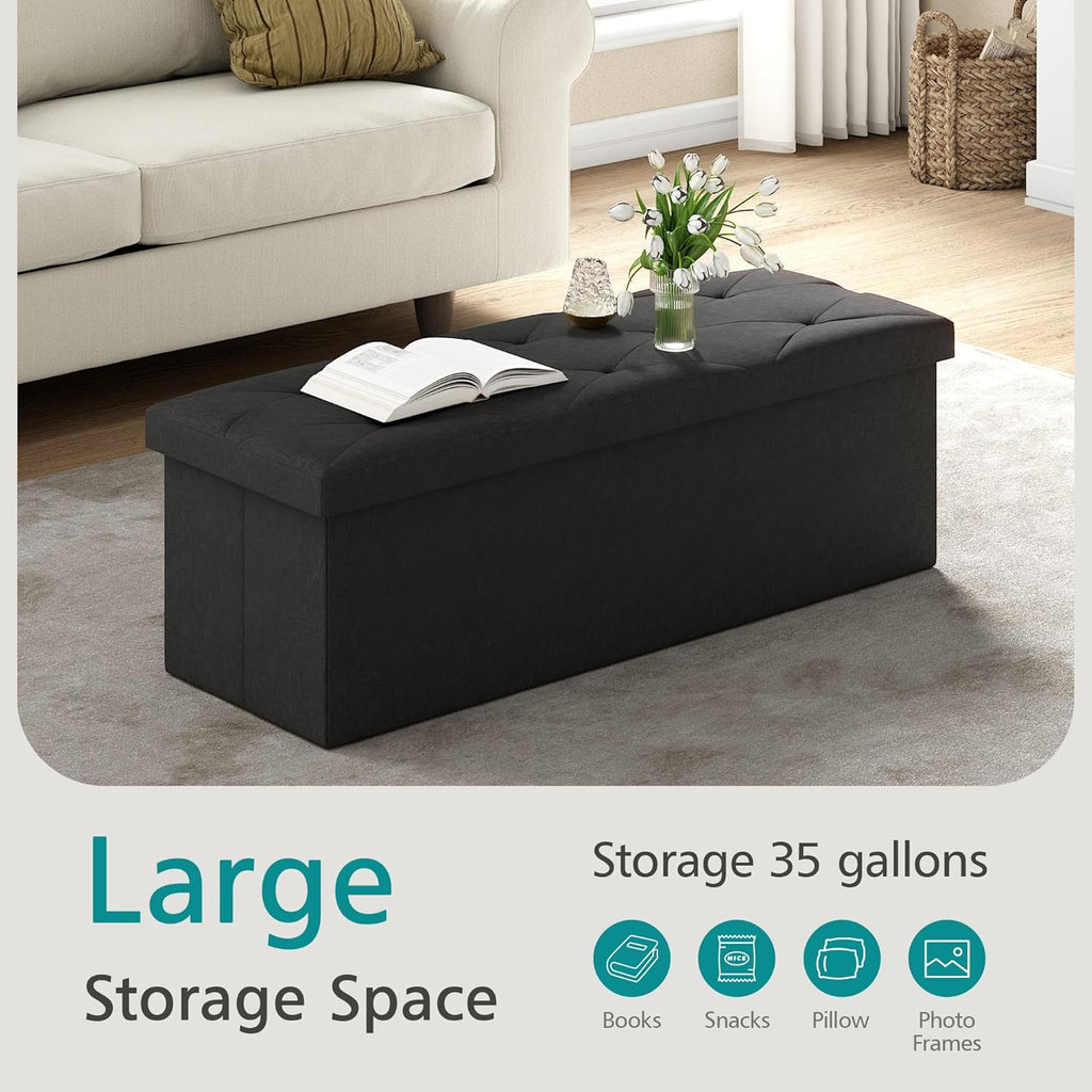 VECELO 43'' Folding Storage Ottoman Bench, Storage Chest, Linen Fabric Foot Rest Stool, 158L Storage Footstools for Bedroom and Living Room, Holds up to 660 lbs, JBlack