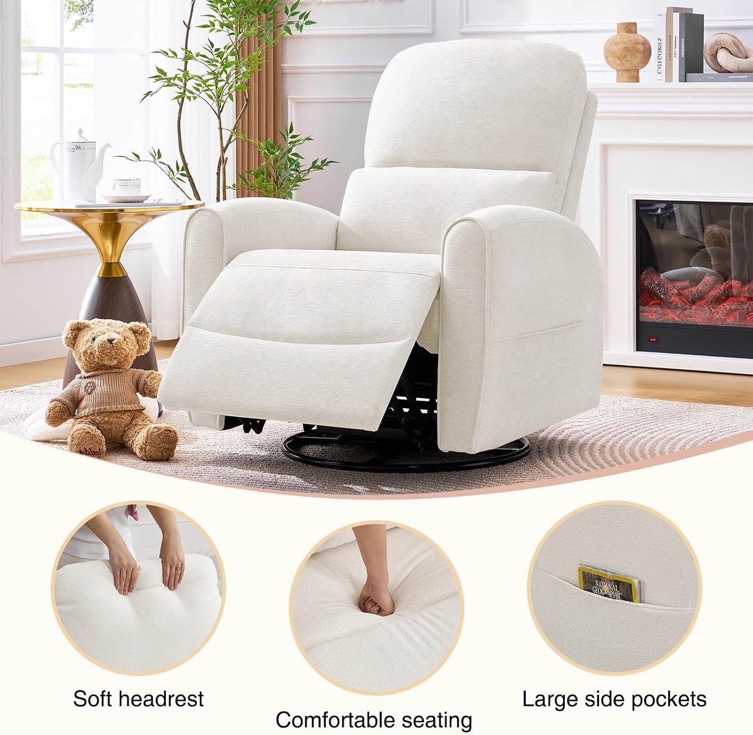 Power Swivel Rocker Recliner, Swivel Glider Nursery Electric Recliner Chair with Lumbar Support, Upholstered Rocking Recling Chairs for Adults Nursery, Living Room, Bedroom, Chenille White