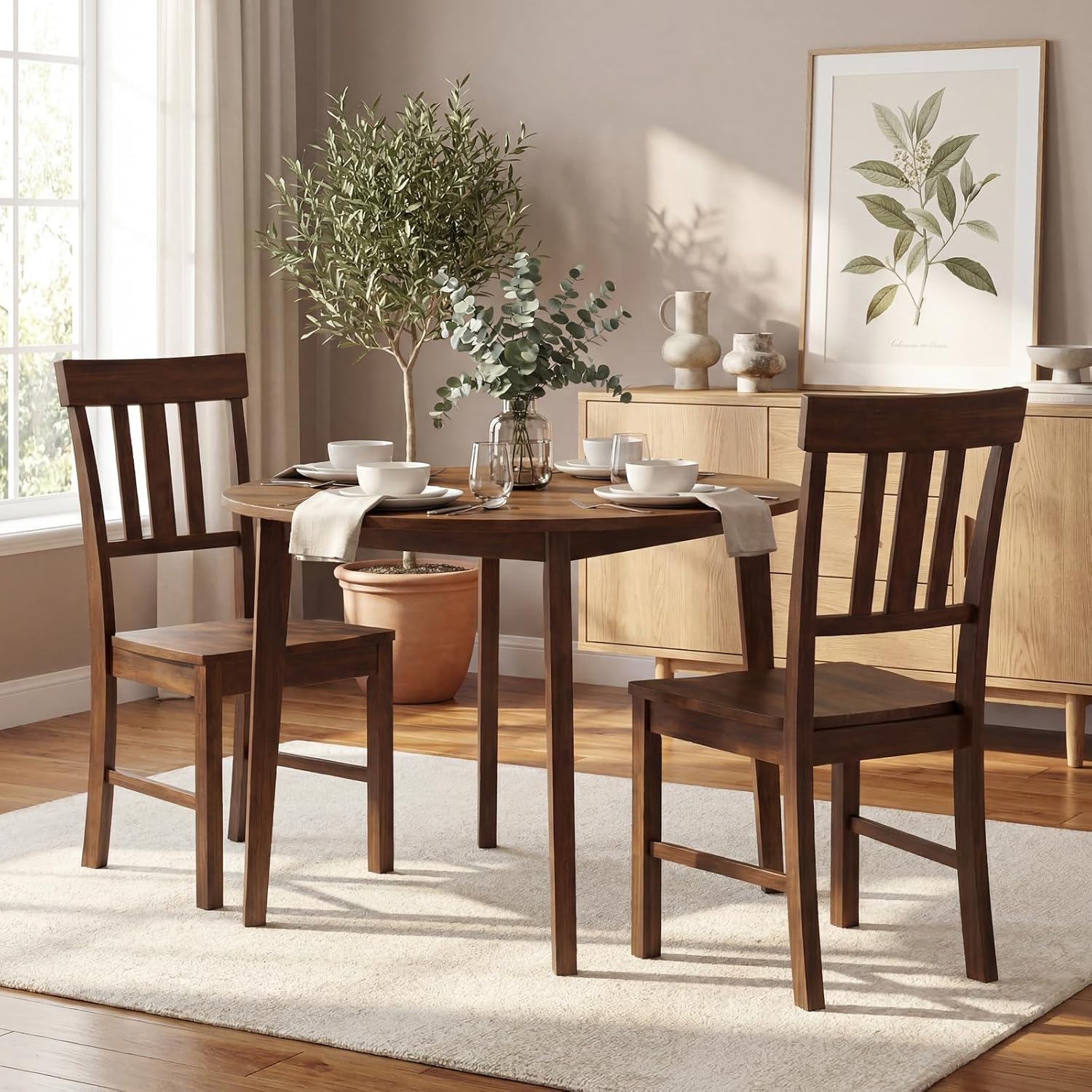 COSTWAY Wood Dining Chairs Set of 4, Solid Rubber Wood Kitchen Side Chair w/Wide Contoured Seat & High Back, Armless Farmhouse Accent Chairs for Kitchen, Living Room, Small Dining Nooks (Dark Brown)