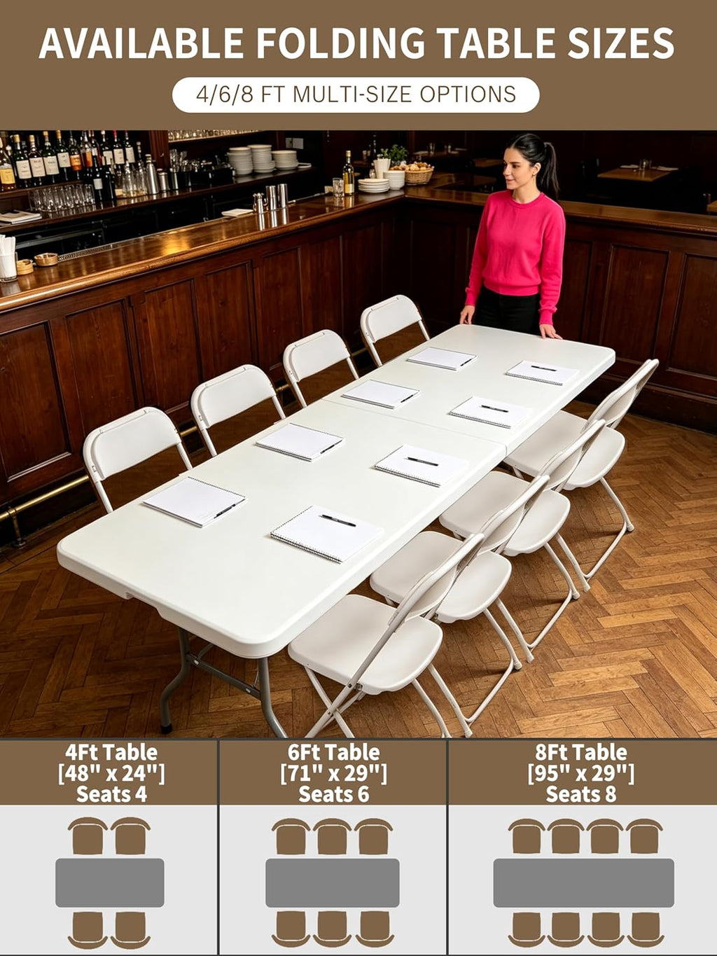 8 Foot Folding Table Portable, 8FT Folding Dining Table for Indoor Outdoor, Heavy Duty Fold-in-Half Plastic Long Large Rectangular Utility Card Tables for Picnic Camping Party, 95x29 inch