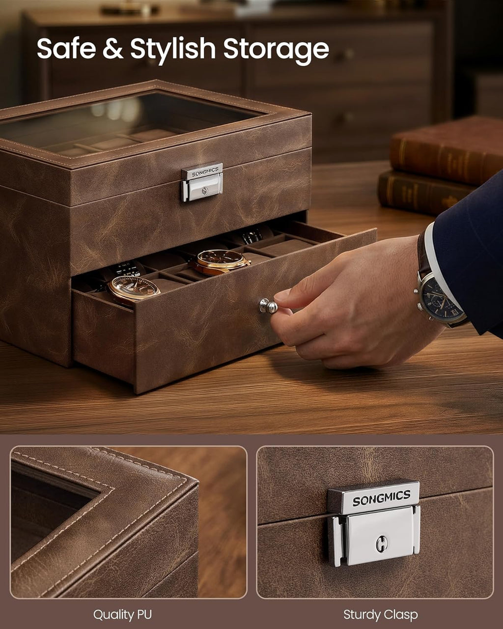 SONGMICS Watch Box, 20-Slot Watch Case Organizer with Large Glass Lid, Removable Pillows, Metal Lock, Fathers Day Gift for Dad, Coffee Brown Synthetic Leather, Coffee Brown Lining UJWB020KZ02S