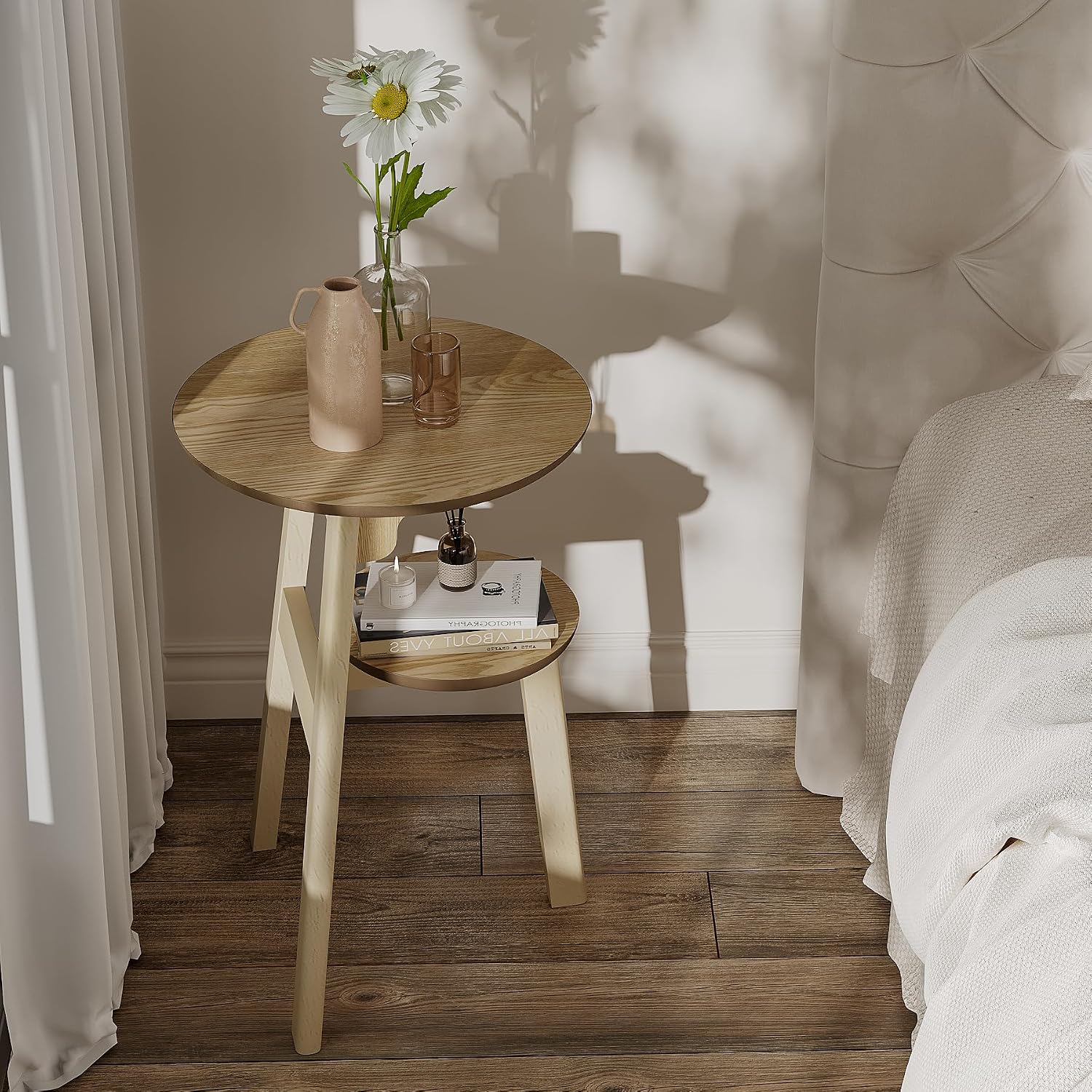 ChooChoo Round End Table for Small Spaces, Narrow Side Table, Accent Table Night Stand with 2 Tier Shelf for Bedroom and Living Room, Natural