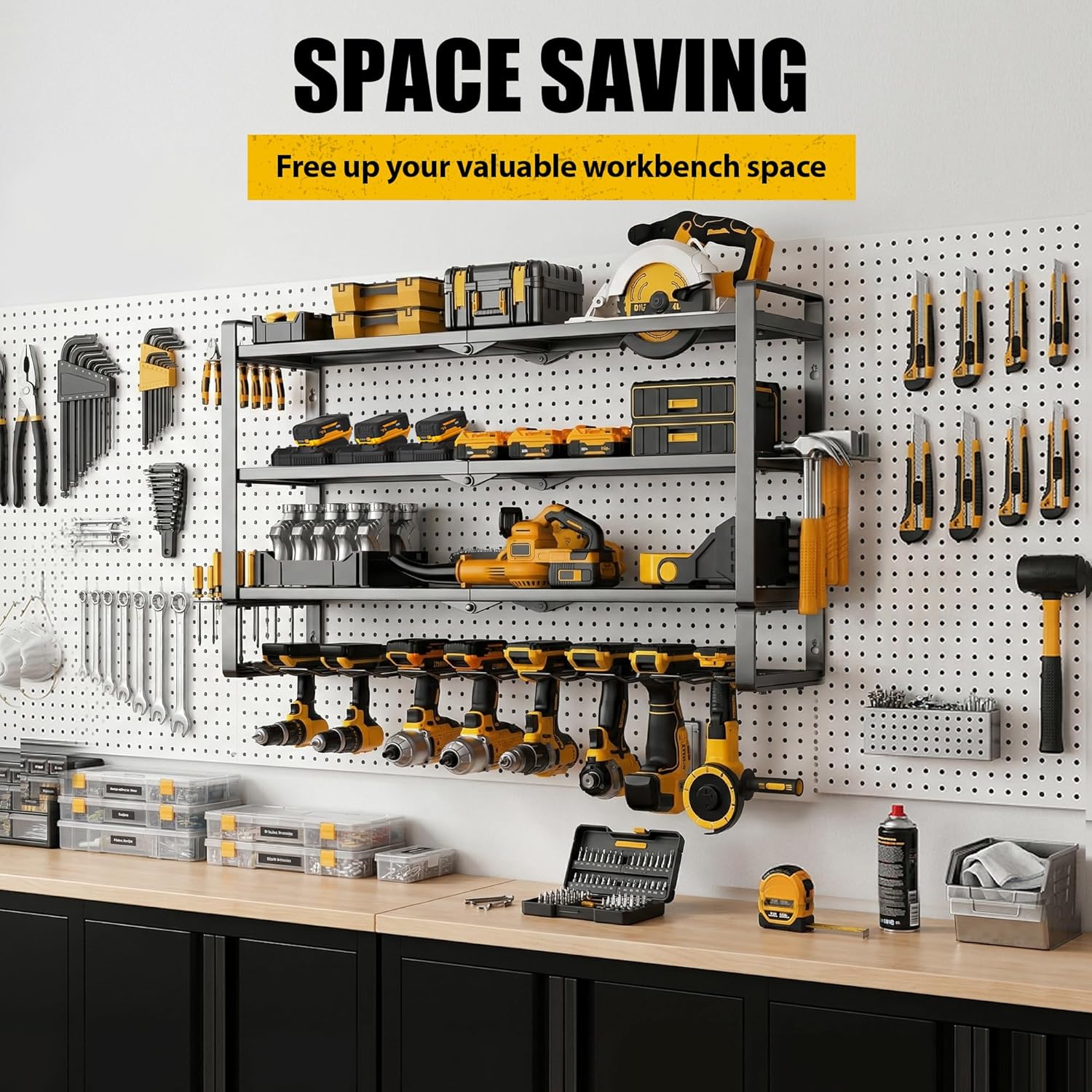 MOOMSINE Large Power Tool Organizer Wall Mount, 4-Tier Heavy Duty Metal Storage Rack Loads 400lbs, Battery Tools Hanger with 8 Cordless Drill Holder for Garage, Workshop, Pegboard, Shed