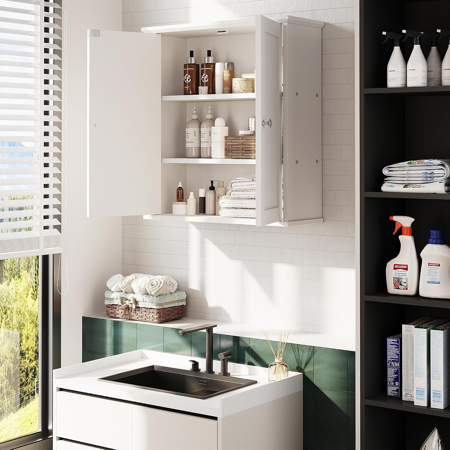 Walsunny Bathroom Medicine Cabinet Wall Mount with 2 Doors and 2 Shelves, Small Bathroom Cabinet Wooden Storage Cabinet Over Toilet Restroom Laundry Room Kitchen, White