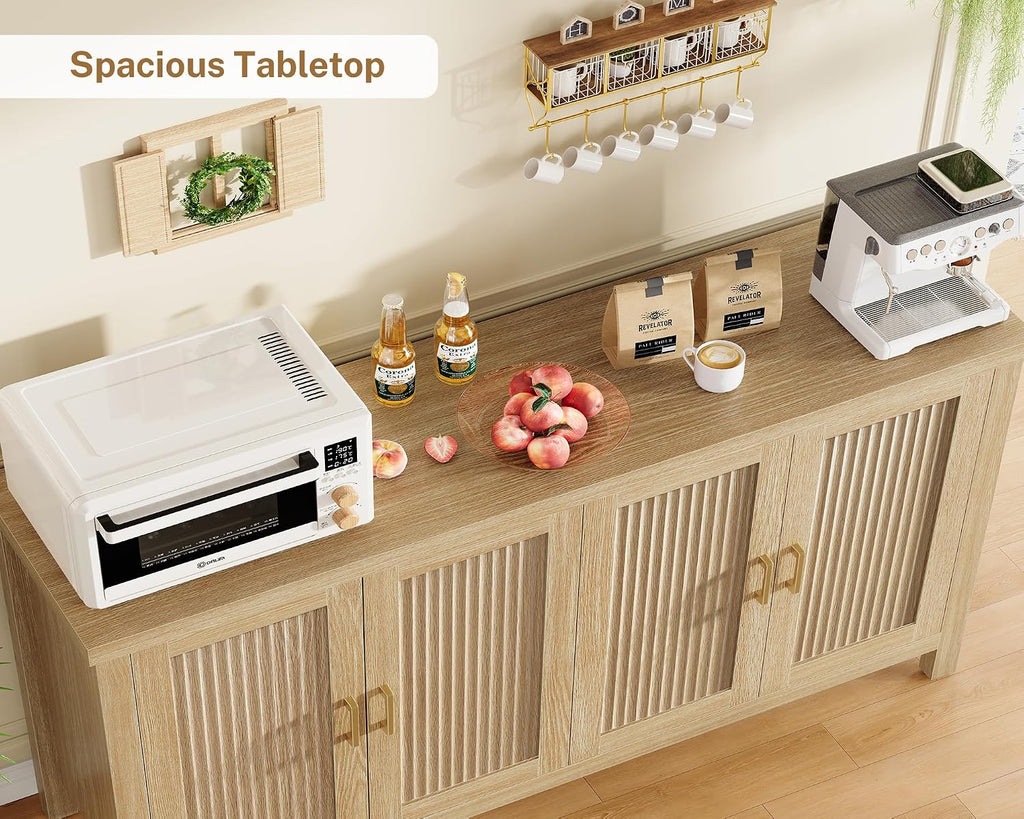 55" Buffet Cabinet with Storage, Large Sideboard Buffet Cabinet with 4 Adjustable Shelves, Modern Fluted Coffee Bar for Kitchen, Living Room, Natural