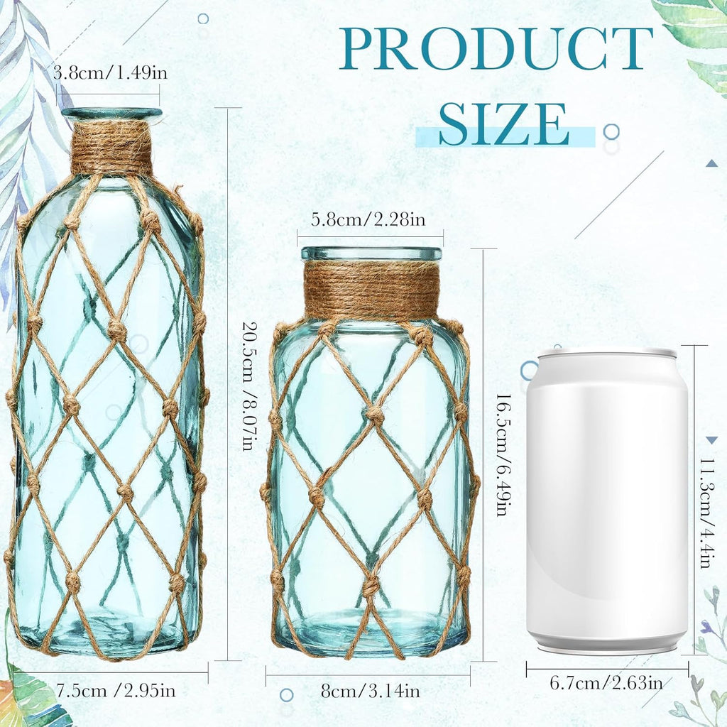 Chuangdi Set of 2 Coastal Glass Vases for Flowers TSITP Flower Vase with Boho Rope Small Sea Glass Jar Nautical Beach Bottle for Wedding Table Centerpieces Floral Arrangement Decor(Light Blue)