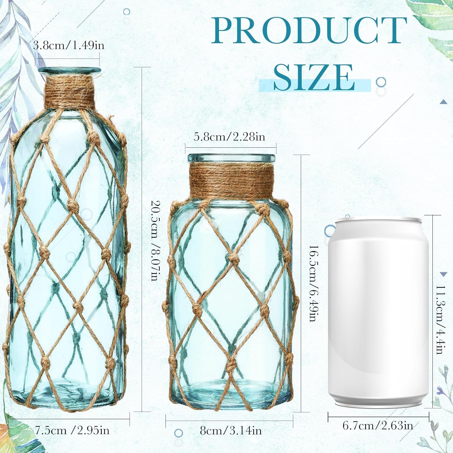 Chuangdi Set of 2 Coastal Glass Vases for Flowers TSITP Flower Vase with Boho Rope Small Sea Glass Jar Nautical Beach Bottle for Wedding Table Centerpieces Floral Arrangement Decor(Light Blue)