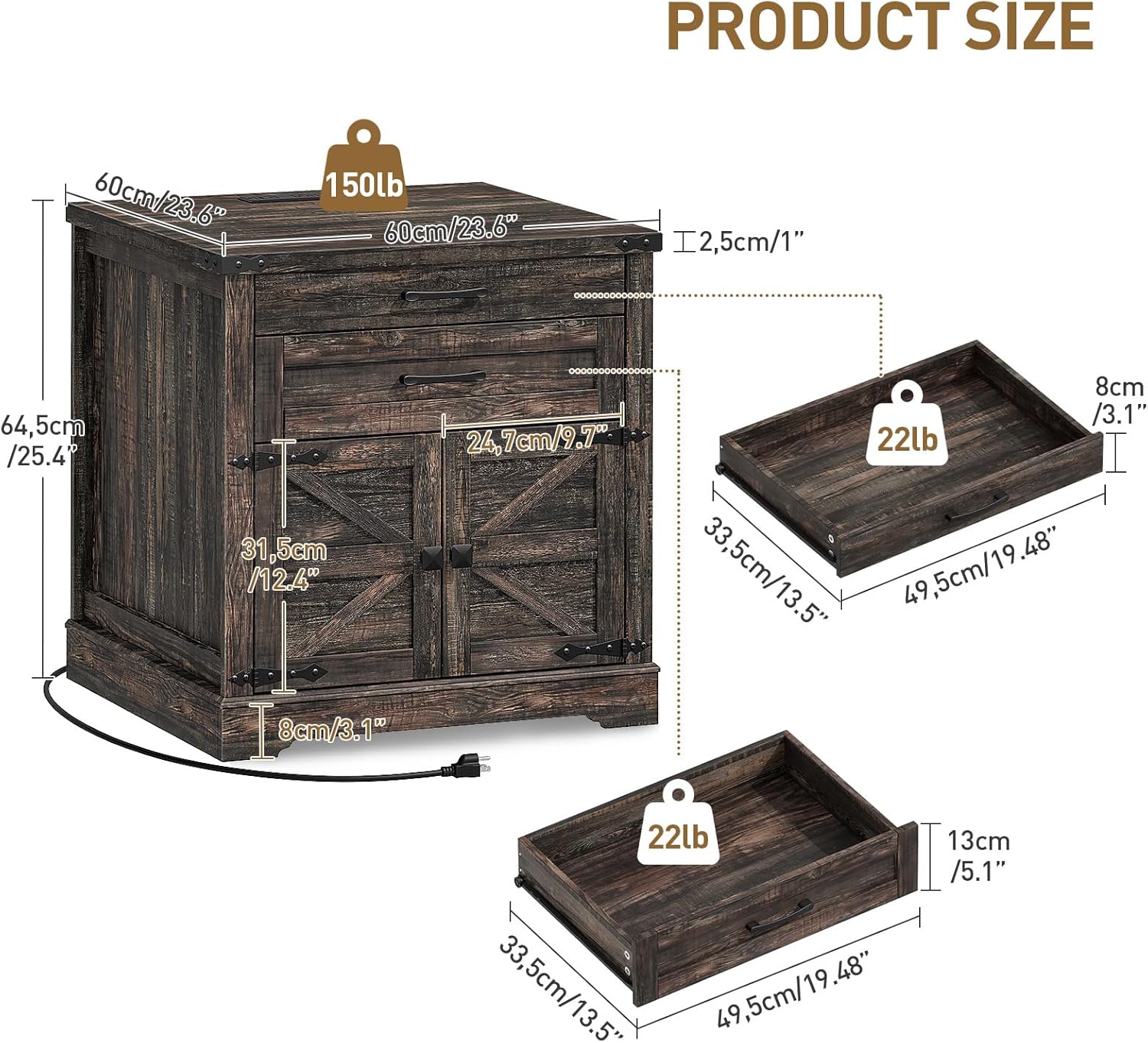 RALGEND Farmhouse End Table with Charging Station, 24'' Sofa Side Table with 2 Drawers and Barn Door, Large Rustic Wooden Square Nightstand for Bedroom, Living Room, Dark Rustic Oak