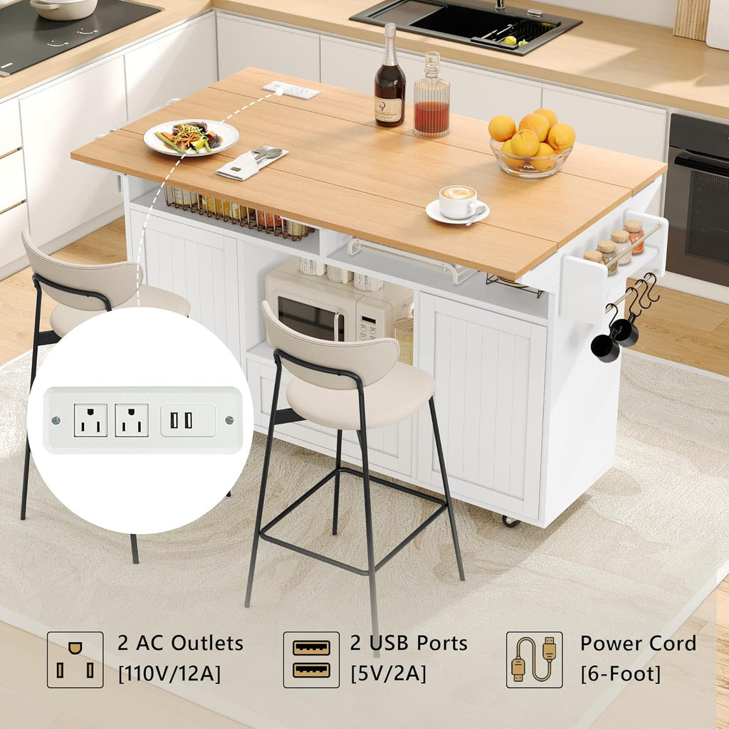 Einhomn 65" Kitchen Island with Power Outlet & Drop Leaf, Island Table for Kitchen with Trash Can Storage, Mobile Rolling Kitchen Islands on Wheels with Spice Rack, Towel Rack & 4 Side Hooks, White
