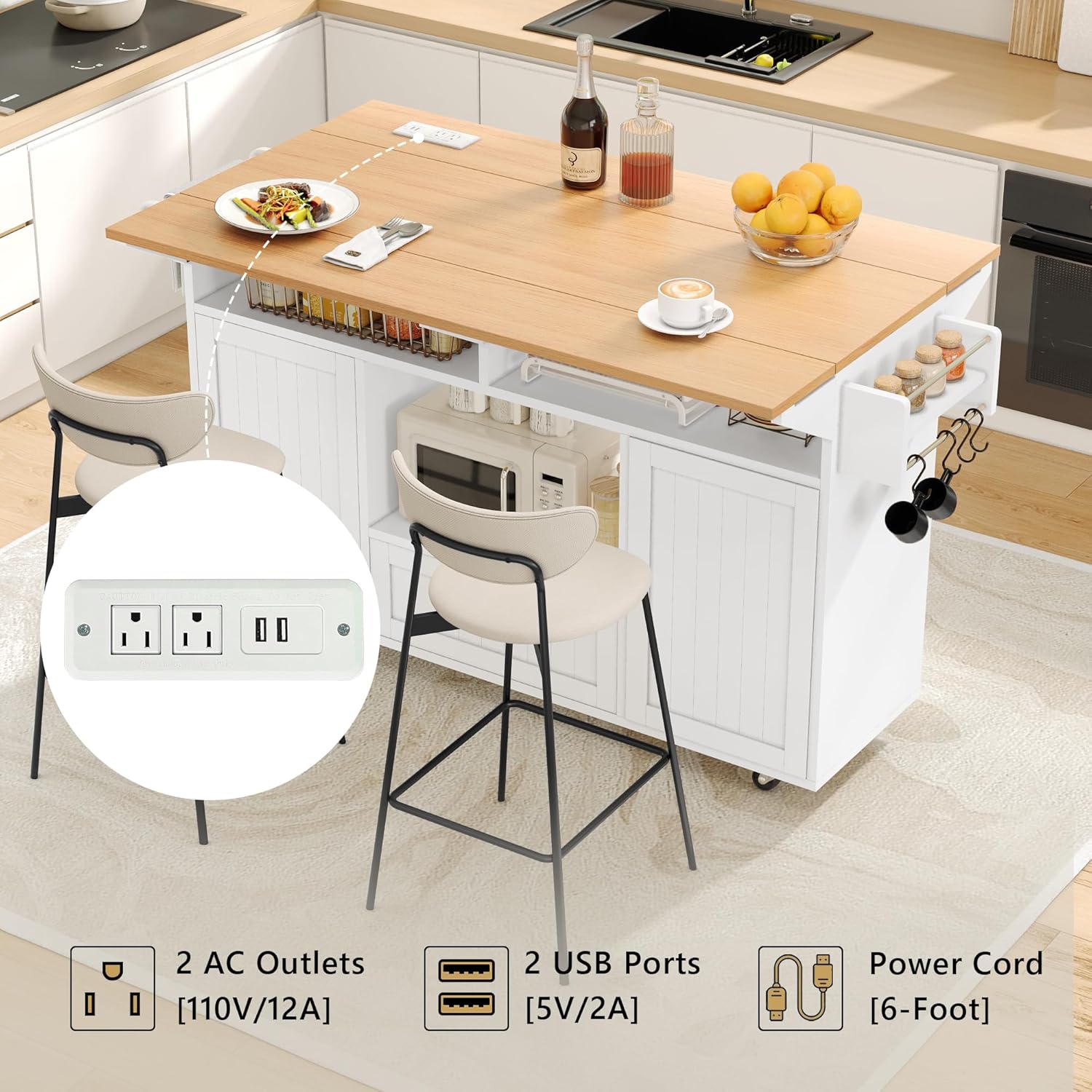 Einhomn 65" Kitchen Island with Power Outlet & Drop Leaf, Island Table for Kitchen with Trash Can Storage, Mobile Rolling Kitchen Islands on Wheels with Spice Rack, Towel Rack & 4 Side Hooks, White