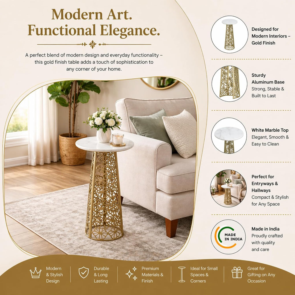 Gold Side Table with White Marble Top | Decorative Modern End Table | Aluminum Base | Accent Table for Living Room | 11x11x21.25