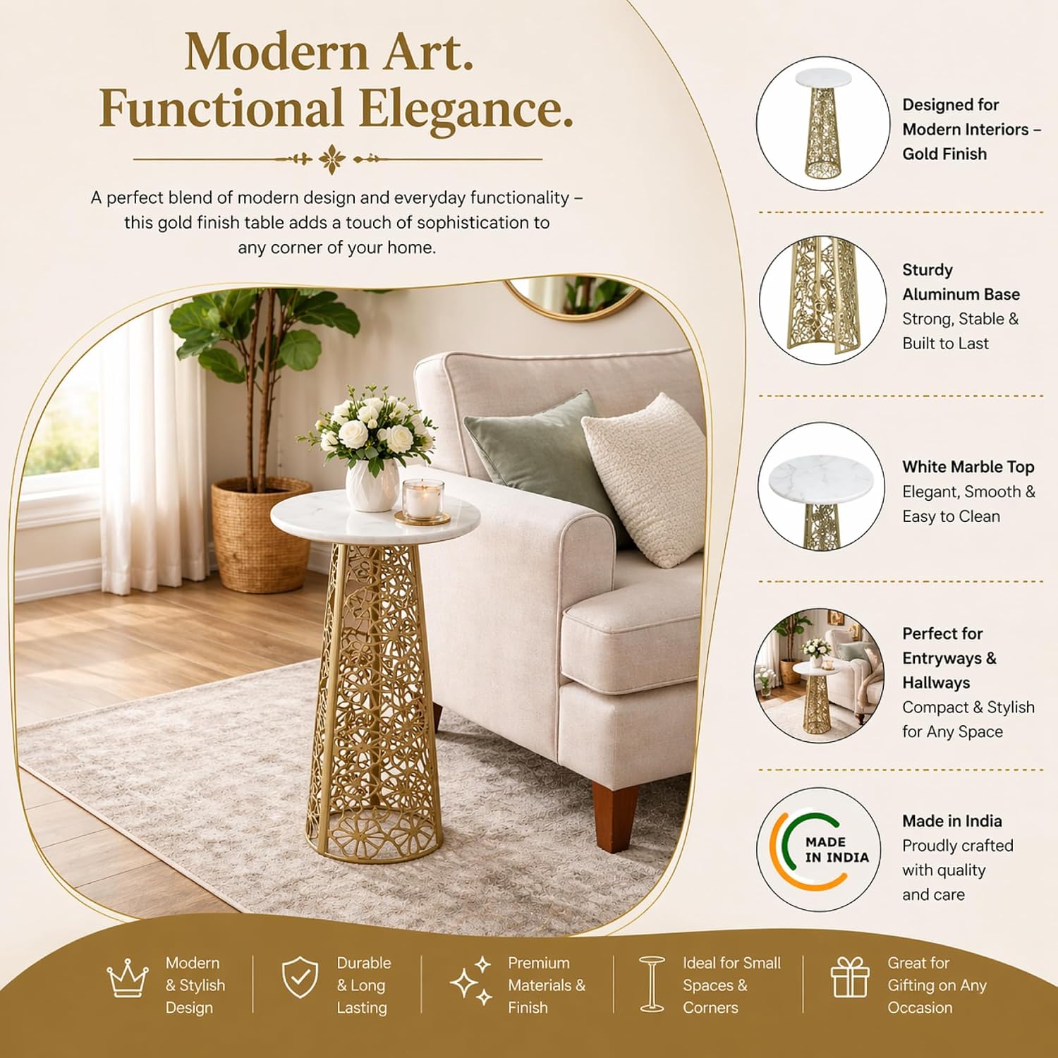 Gold Side Table with White Marble Top | Decorative Modern End Table | Aluminum Base | Accent Table for Living Room | 11x11x21.25