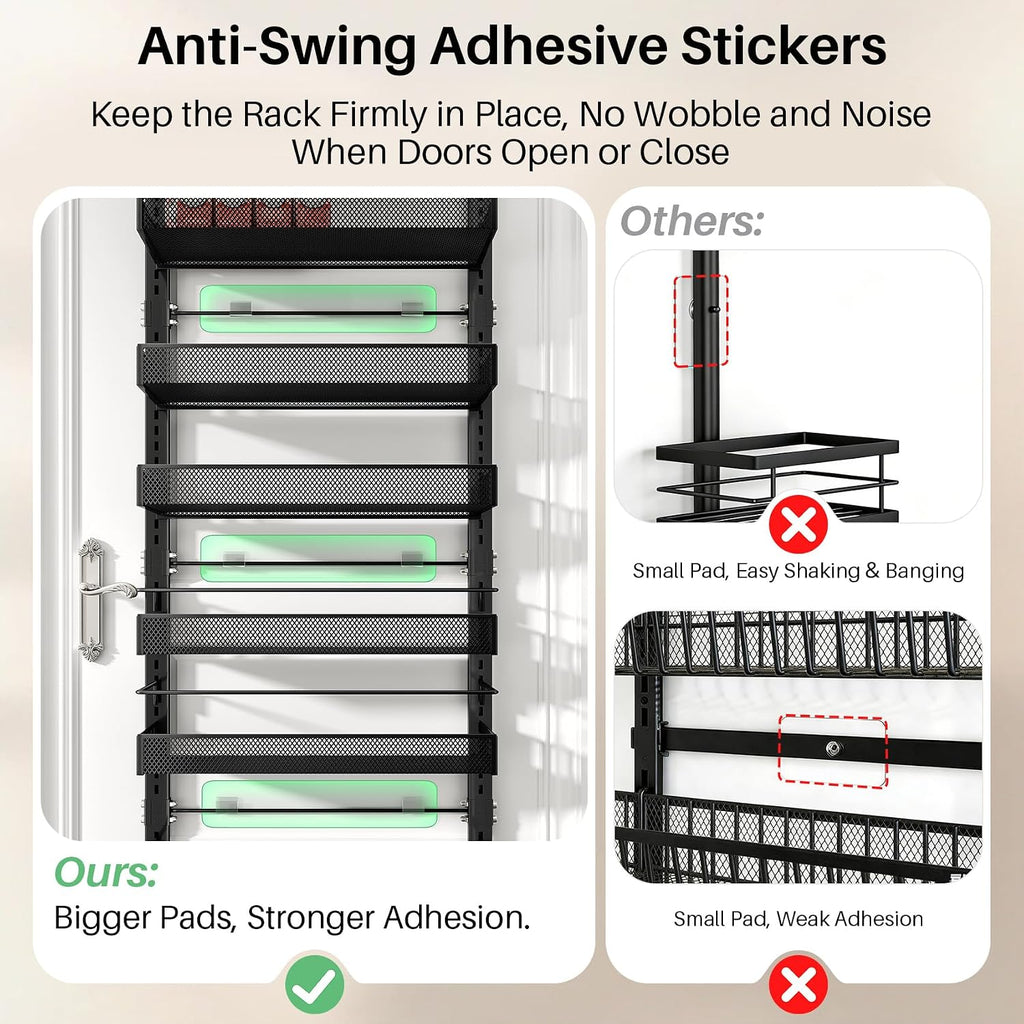 SNTD 8 Tiers Over the Door Organizer - Height Adjustable Pantry Organizers and Storage with Dense Mesh Baskets, Anti-Swing Hanging Door Spice Rack for Kitchen Bathroom (Black, 17" W x 6" D x 69" H)