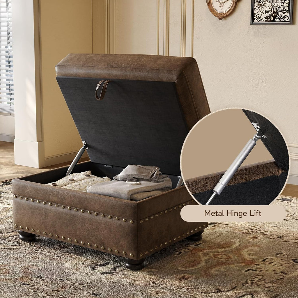 ONBRILL Faux Leather Ottoman with Storage, Rectangle Ottoman Coffee Table with Nailhead Trim, Solid Wood Legs, Oversized Upholstered Footrest Stool for Living Room, Bedroom, Apartment, Brown