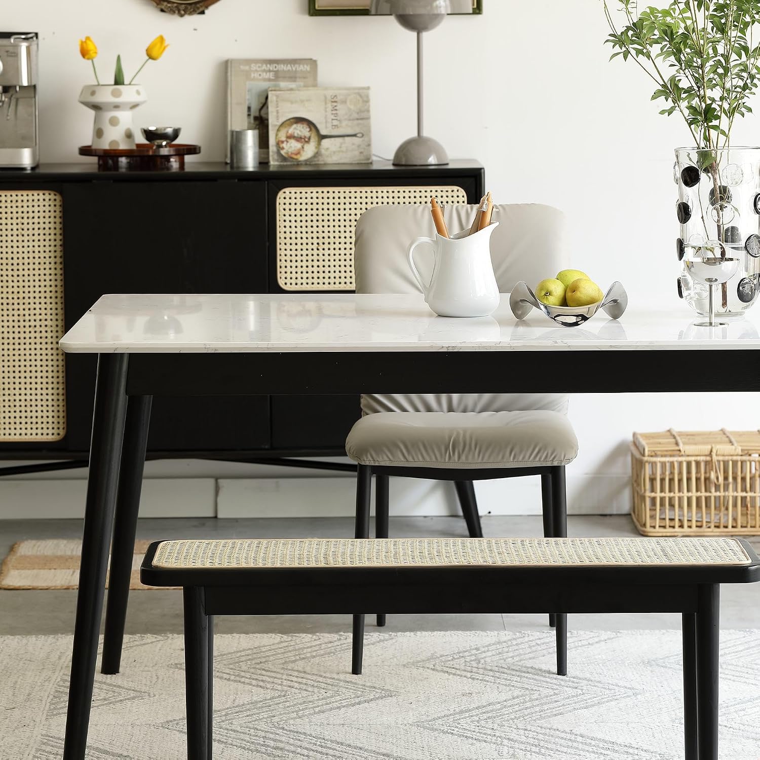 47.24" Modern Oak Wood Dining Bench with Woven Rattan Seat Solid Wood Entryway Bench for Bedroom End of Bed Living Room, Black