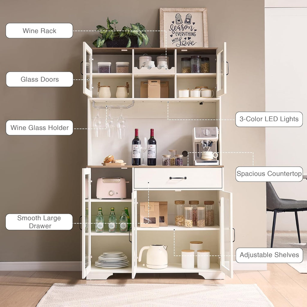 Fatmok 71" Tall Pantry Cabinet with Glass Doors, Kitchen Hutch Storage Cabinet, Coffee Bar & Liquor Cabinet with Charging Station & LED Lights, Wine Rack, Adjustable Shelves & Large Drawer, White