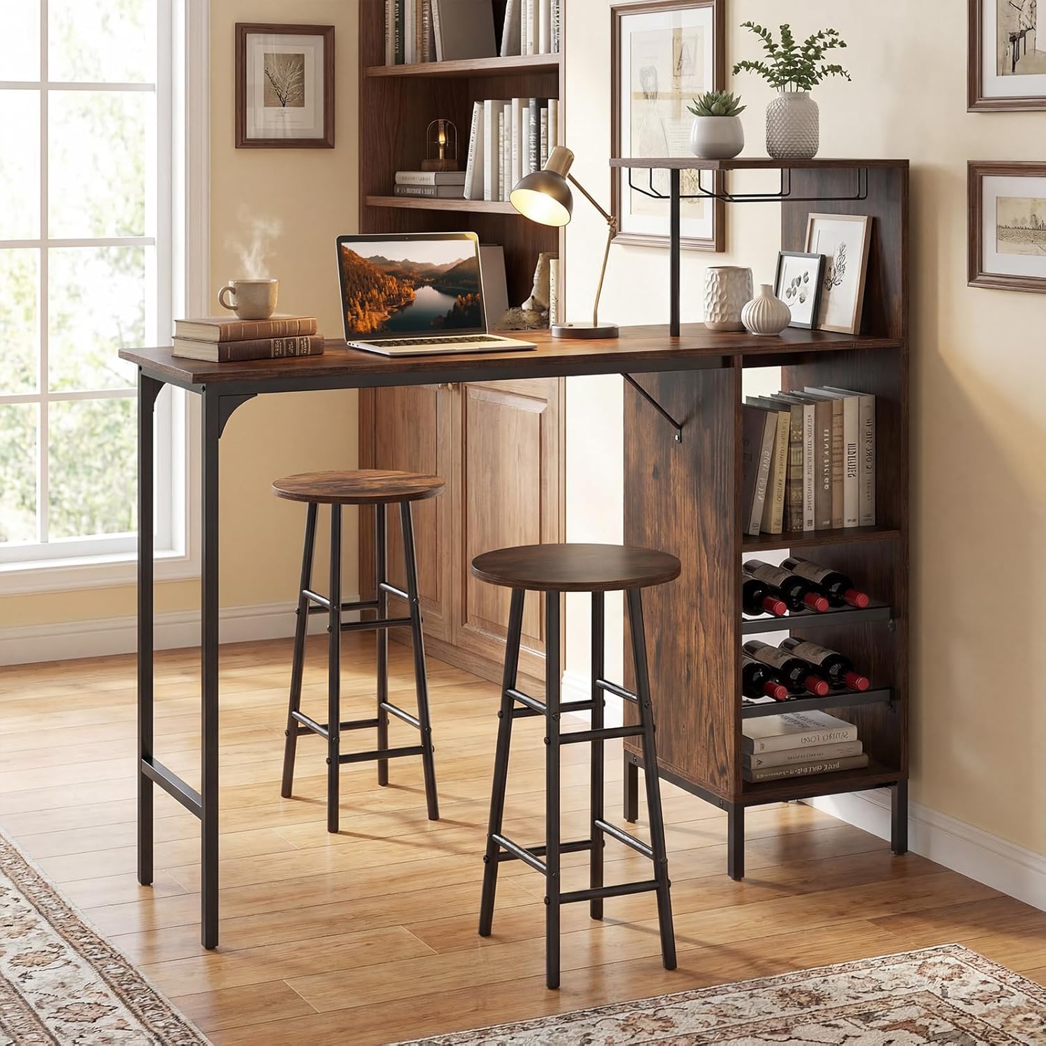 COSTWAY 3 Pieces Bar Table and Chair Set, Industrial Pub Table & Stools with Wine Glass Holders & 6-Bottle Wine Racks, Counter Height Dining Table Set for Living Room Dining Room Kitchen (Coffee)