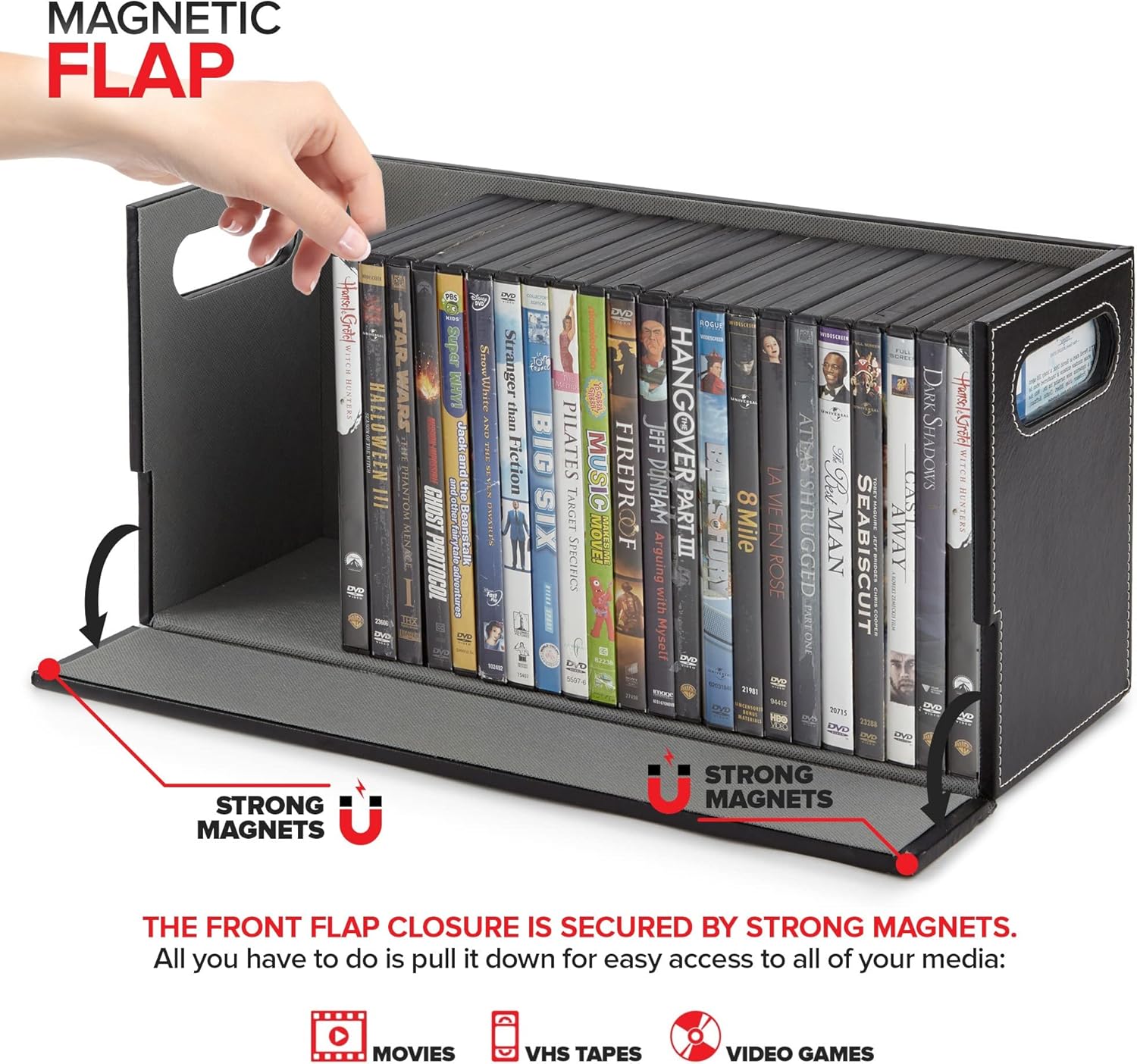 Stock Your Home DVD Storage Box, Movie Shelf Organizer for Blu-Ray, Video Game Cases, CDs, VHS Tape Display Stand, Disc Holder Can Store Up to 28 DVDs, Faux Leather (Black) 2 Pack