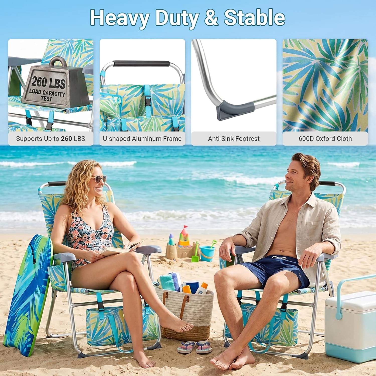 Portable Beach Chair for Adults, Lightweight Folding Lawn Chair with Cup Holder, Headrest, Side Pocket and Bottom Storage Bag, Camping Gear for Picnic Patio Sporting Events, 260 lbs, Green & Blue