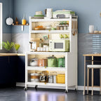 64" Kitchen Pantry Cabinet, Tall Storage Cabinet with Glass Doors and Wheels, Bakers Rack Countertop, Microwave Oven Shelf Cabinet, Cabinet Cupboard for Kitchen, Living Room, Dining Room (White)