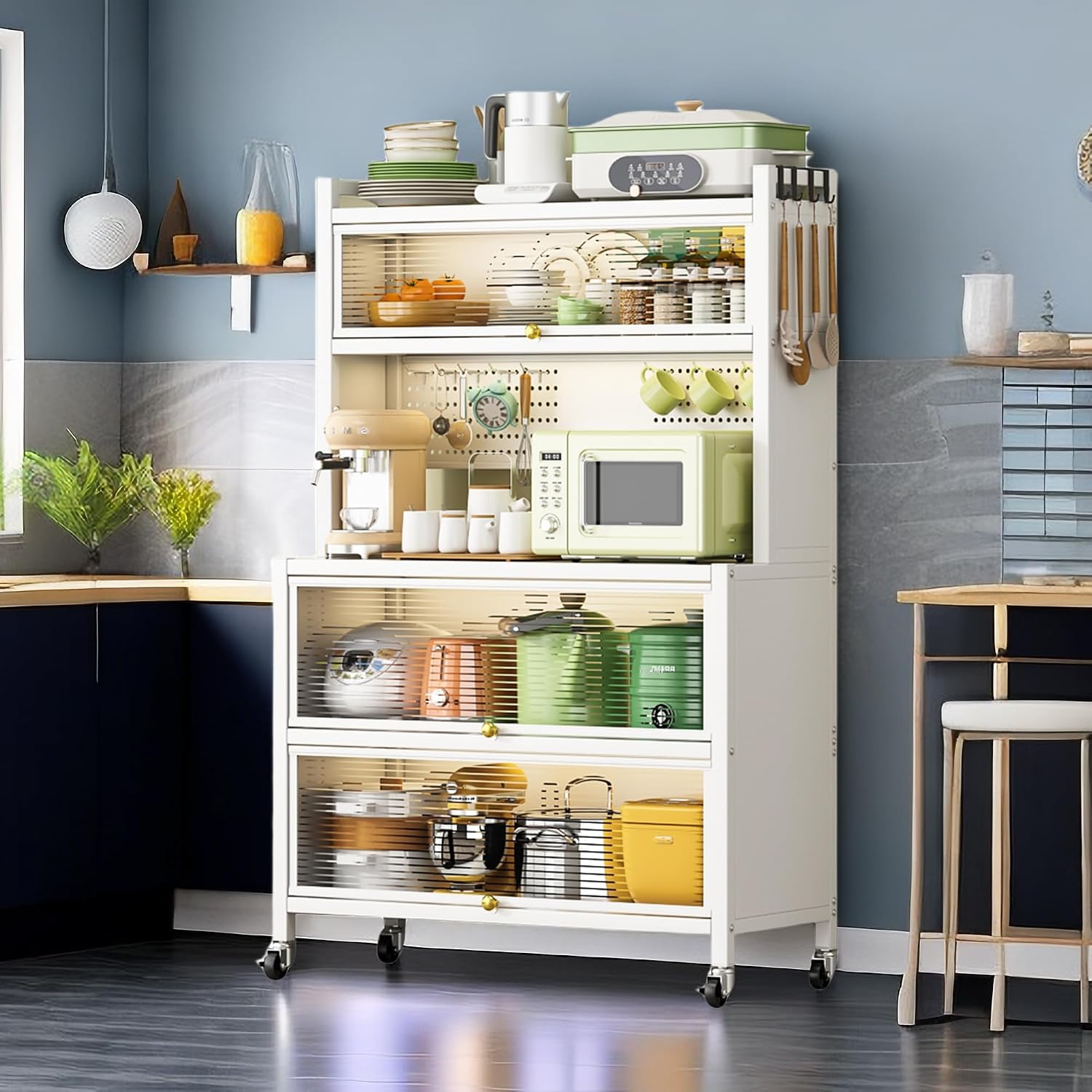 Heavy-Duty Kitchen Storage Cabinet on Wheels, Vertical Bakers Rack Organizer with Double-Door Locker, 250 KG Load Capacity, Smooth 360° Rolling, Space-Saving Mobile Storage Solution