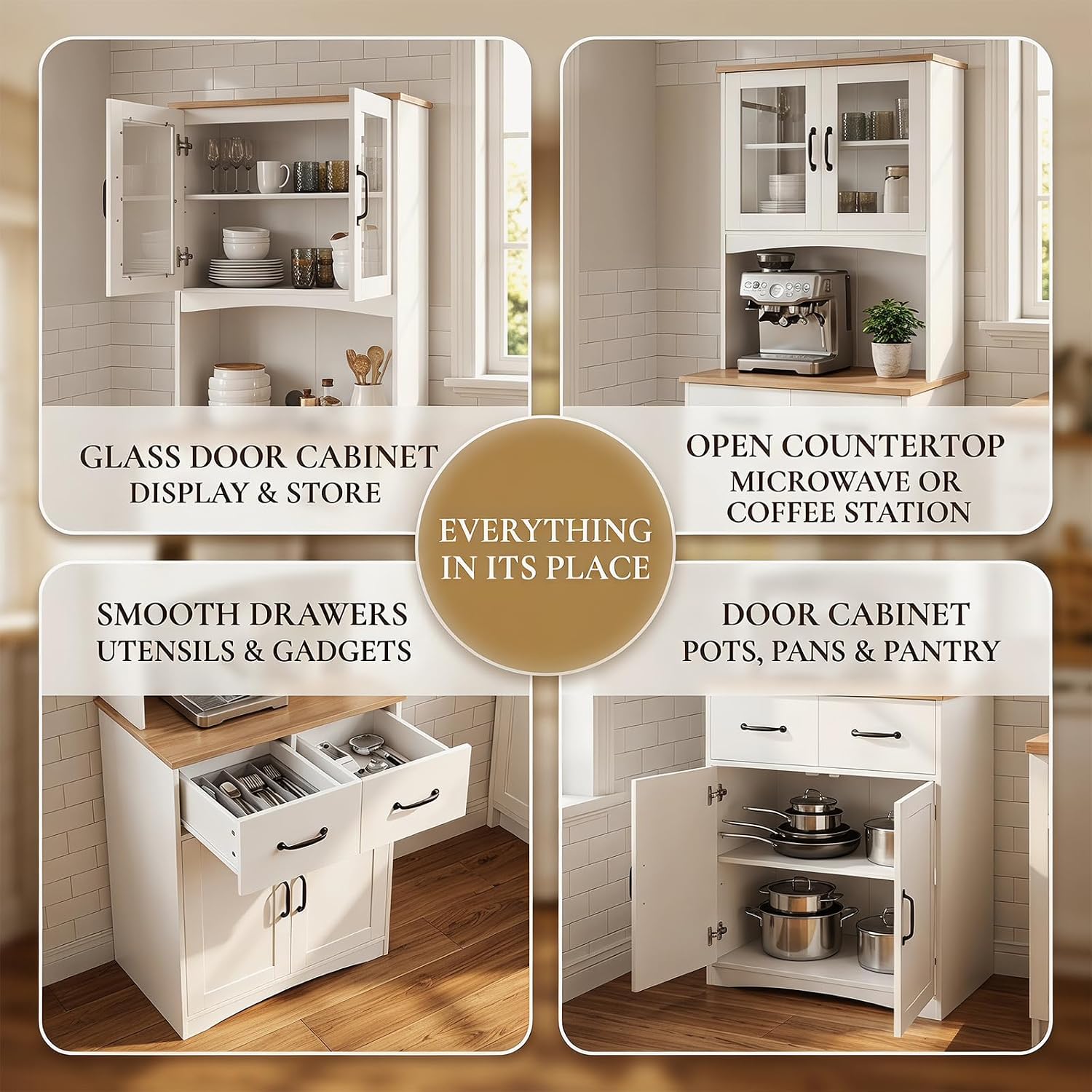 Wooden-Style Microwave Stand with Storage, Glass Door Cabinet with Drawers for Kitchen, Pantry Cabinet with Adjustable Shelves, Lower Louvered Doors, Buffet Hutch for Dining Room & Living Room(White)