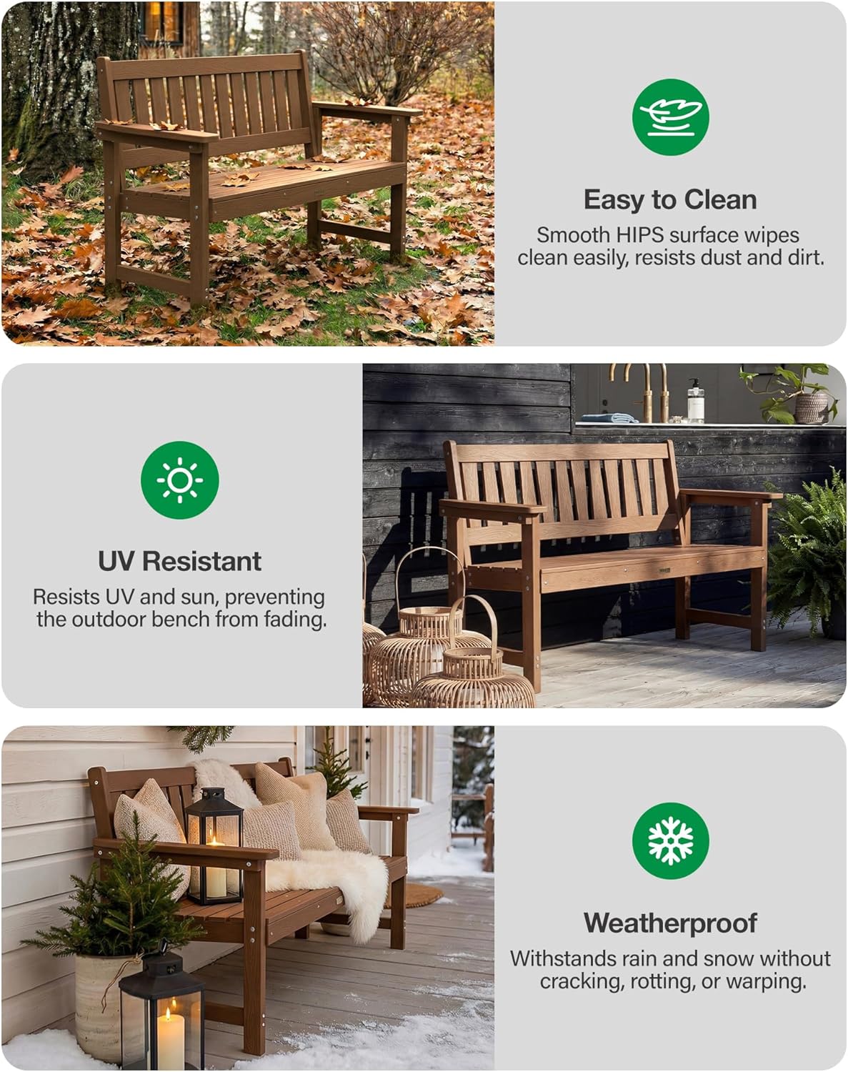 YEFU Outdoor Bench for Patio Waterproof: Heavy Duty 2-Person Garden Bench Set of 2 with Comfortable Seating - HIPS Weatherproof Patio Benches for Indoor Outside Front Porch Backyard Park, Teak