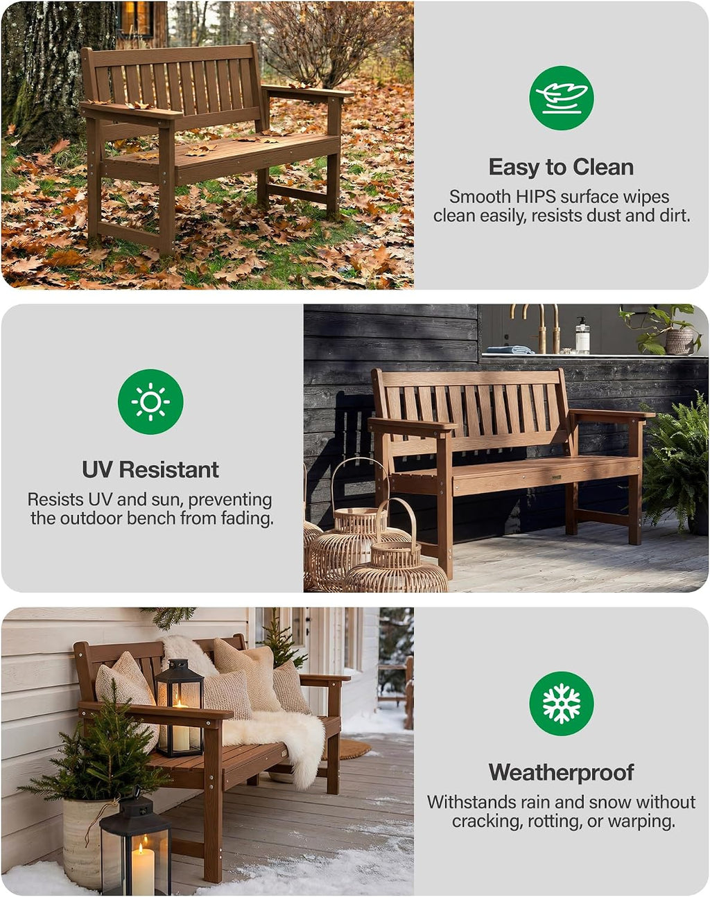 YEFU Outdoor Bench Weatherproof for Patio: 2-Person HIPS All Weather Garden Benches - Comfortable & Heavy Duty Patio Benches for Front Porch Backyard Park - Outside Furniture Bench, Teak