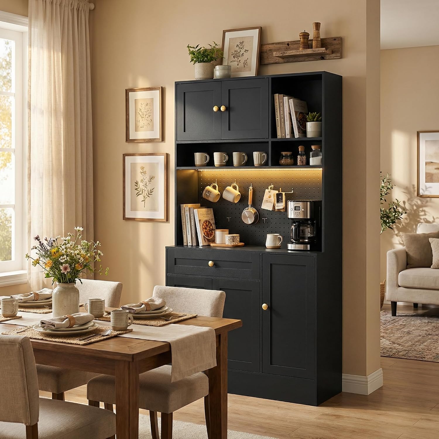 ELECWISH 71” Tall Pantry Cabinet with LED & Pegboard, Kitchen Pantry Storage Cabinet with Charging Station, 5 Hooks and Adjustable Shelf, Large Kitchen Hutch Coffee Bar for Dining Room, Black