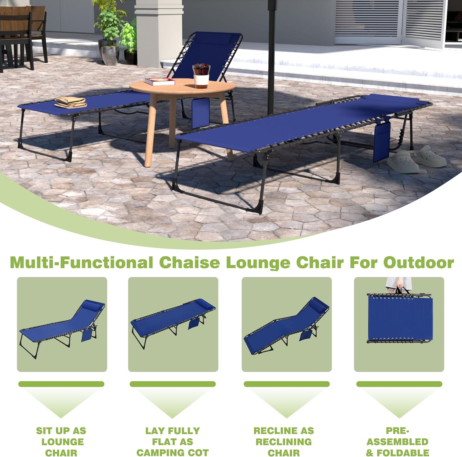 BlueWish Patio Chaise Lounge Chair, Outdoor Lounge Chairs with 5 Position Adjustable Backrest, Removable Pillow, Textilene Waterproof, Folding Lounge Chair for Beach, Patio, Poolside