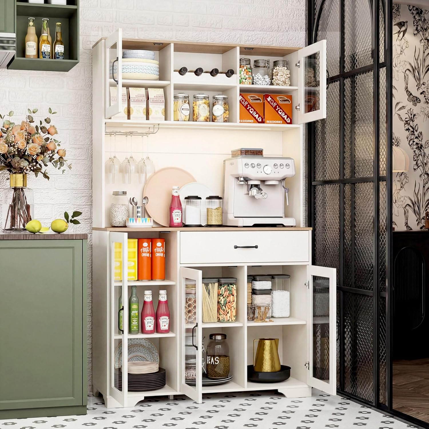 Fatmok 71" Tall Pantry Cabinet with Glass Doors, Kitchen Hutch Storage Cabinet, Coffee Bar & Liquor Cabinet with Charging Station & LED Lights, Wine Rack, Adjustable Shelves & Large Drawer, White