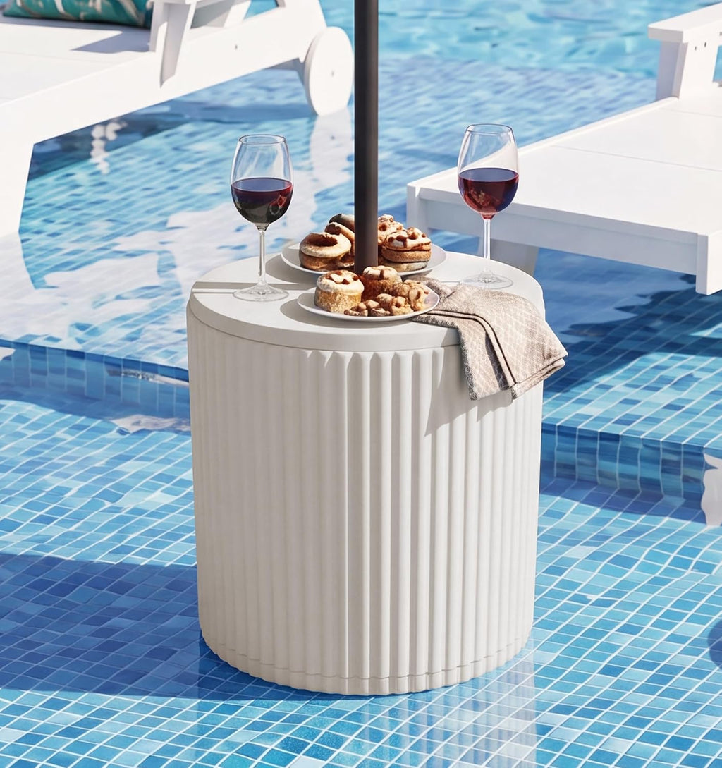 SERWALL Outdoor Round Umbrella Side Table, Multi-Functional Use, Beige