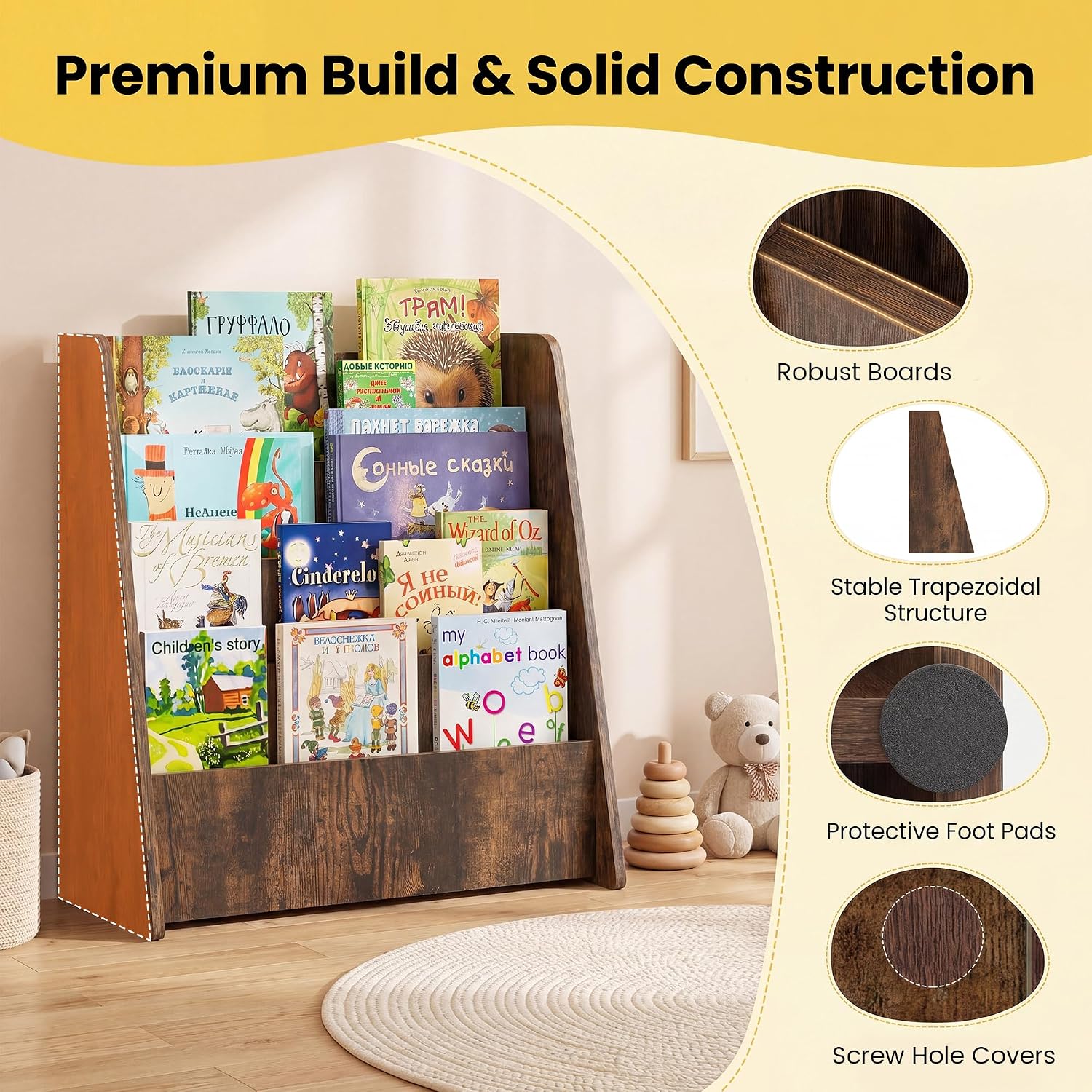 GLACER 4-Tier Kids Bookshelf, Wood Toddler Bookcase with Deep Magazine Display Shelf & Back Storage Space, Children Storage Organizer for Nursery, Playroom, Kids Bedroom, Classroom (Rustic Brown)