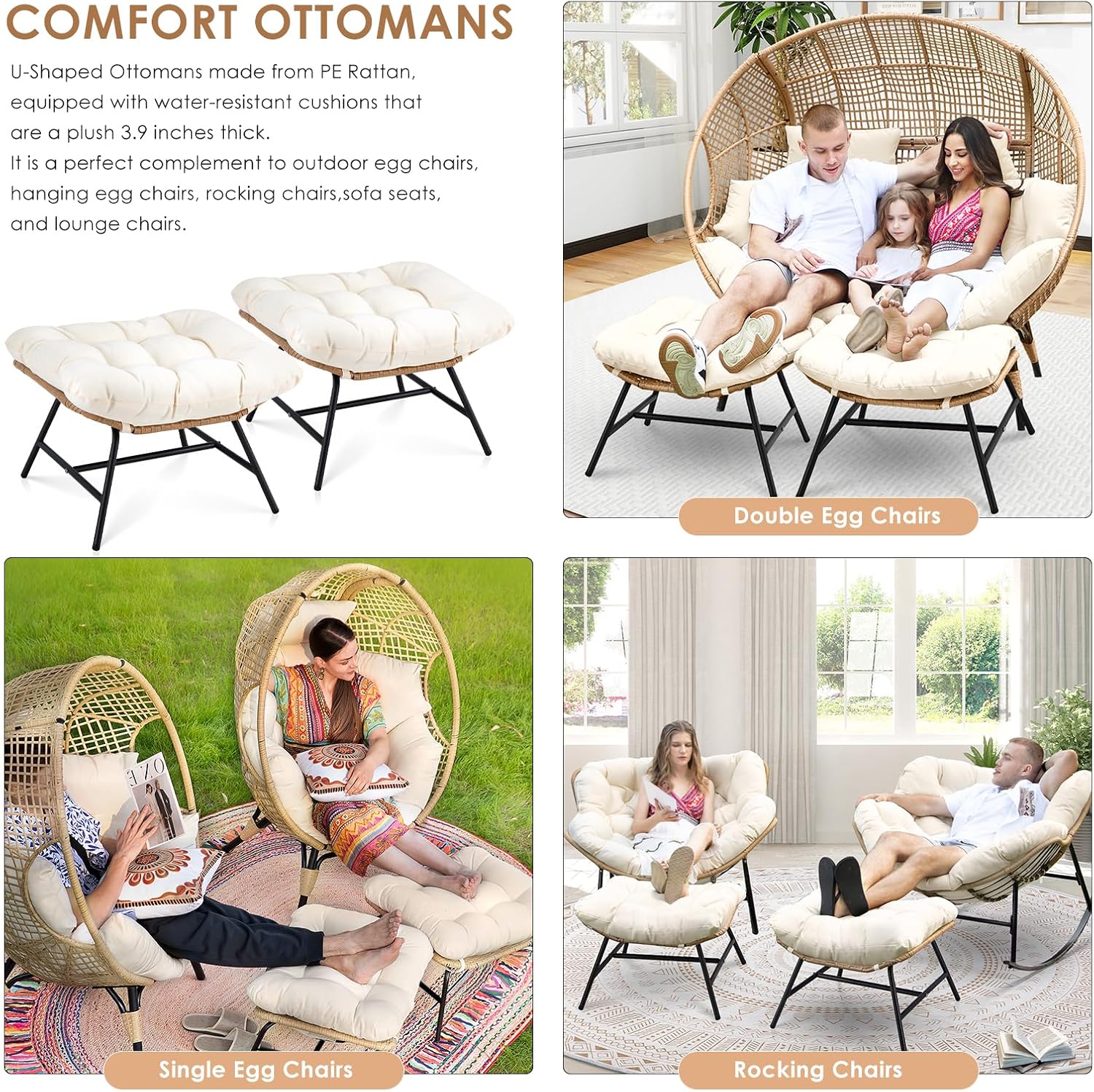 RADIATA Ottoman Set of 2 for Patio, Cushioned Wicker Footstool Ottomans, Rattan Foot Rest for Outdoor Chair Egg Chair, 2-in-1 Foot Stool for Living Room Bedroom Porch Deck Garden Balcony, Beige