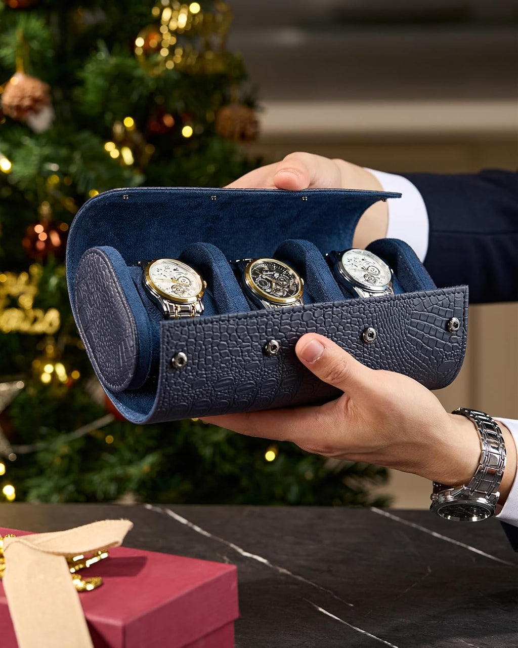 Classic 3 Watch Travel Case- Men's Portable Croc-Embossed Leather Watch & Accessory Organizer. Great Gifts for Men: Watch Roll Or Holder For Easy Carry, Storage And Display.