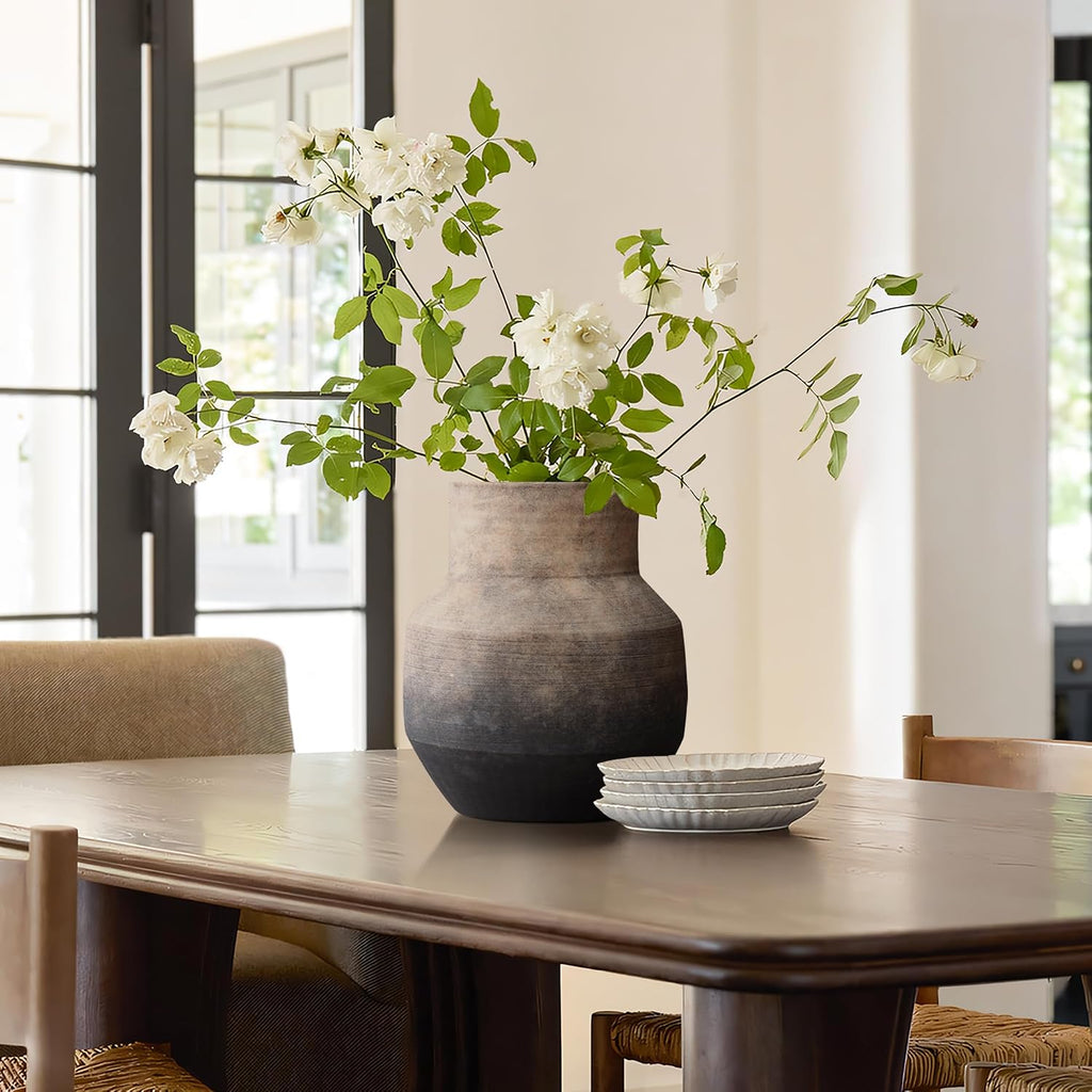 LuxenHome Round Ceramic Flower Vase, 13 Inch Brown Terracotta Vases, Vintage Large Pottery for Living Room Decor Entry Way Table Home Decor, Rustic Pottery