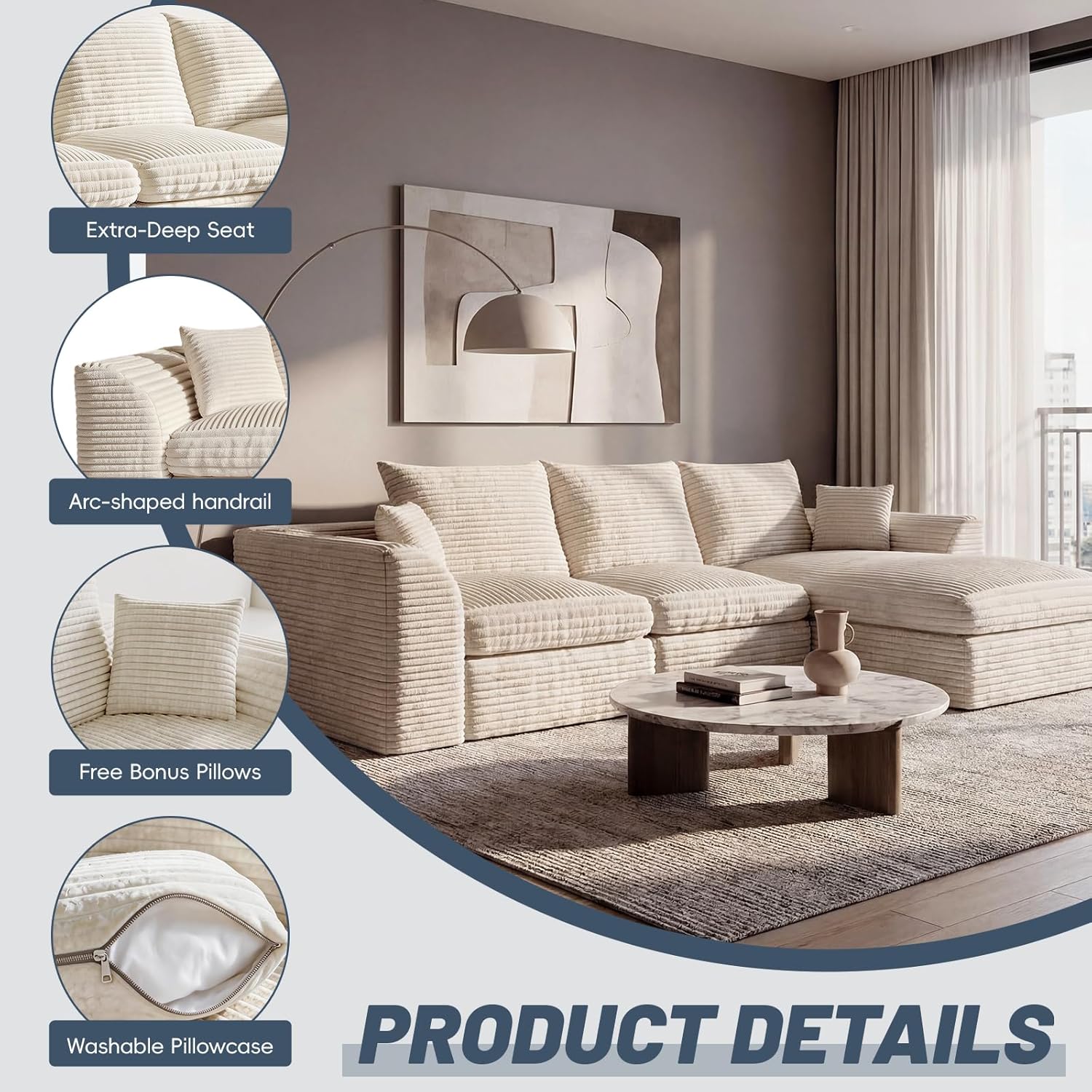 106" Modular Cloud Sofa L-Shaped, Boneless Deep Seat Sectional with High-Density Foam, Washable Corduroy Fabric, No Assembly Required for Living Room Apartment, Beige