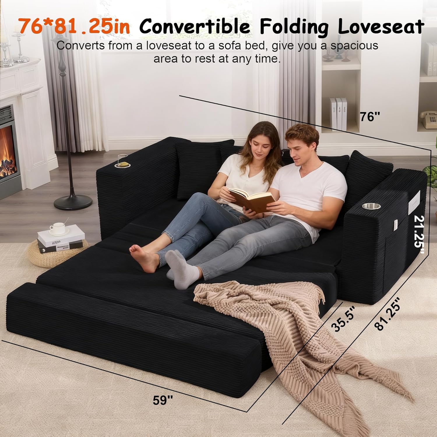 76" Convertible Sofa Bed, 2-in-1 Boneless Sleeper Sofa with Cup Holder & Pocket, Corduroy Pull Out Couch with 5 Pillows, Couch Bed for Living Room, Small Spaces, Bedroom, No Assembly