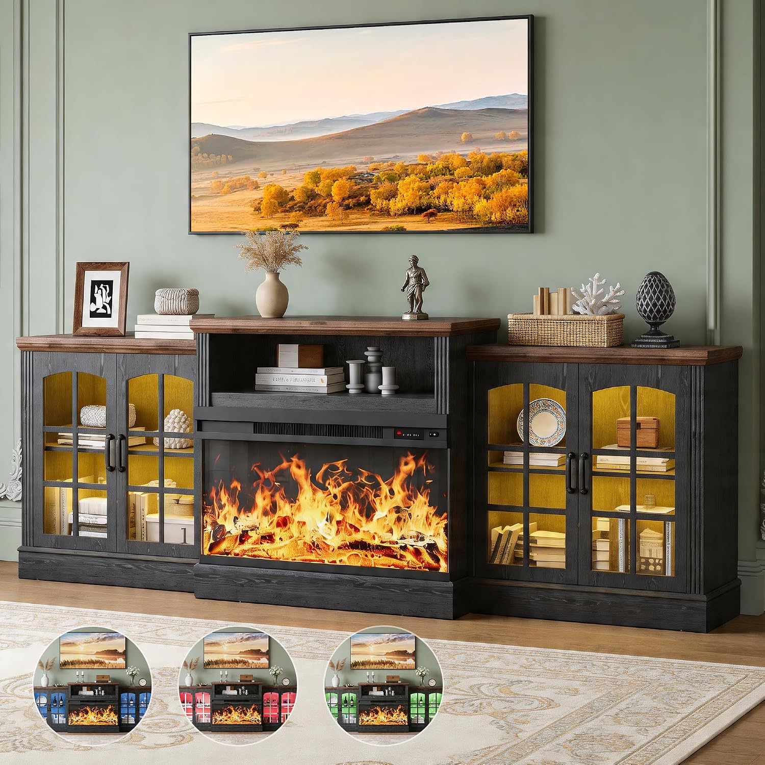 oneinmil 97" Entertainment Center with 36" Electric Fireplace, Farmhouse Fireplace TV Stand for TVs up to 100", Large Media Console Table with LED Lighting & Storage Cabinets, for Living Room, Black
