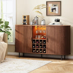 ONBRILL 63" Wine Bar Cabinet with LED Light,Modern Liquor Whiskey Coffee Station with Wine Rack and Glass Holder, Farmhouse Buffet Sideboard with Storage for Living Room, Kitchen, Entryway (Walnut)