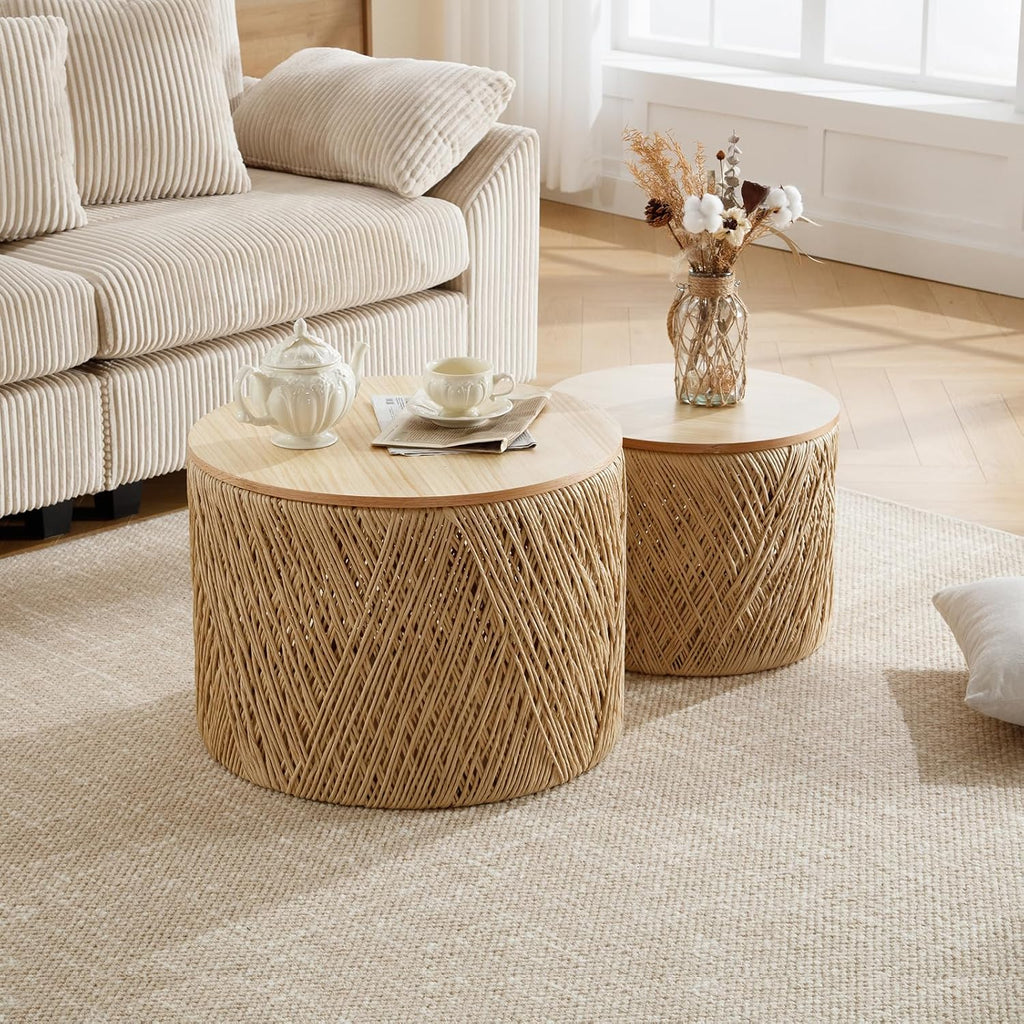 Nesting Table Set of 2 Round Wooden Coffee Tables Rustic Woven Center Table for Living Room Bedroom Apartment No Assembly Required, Natural