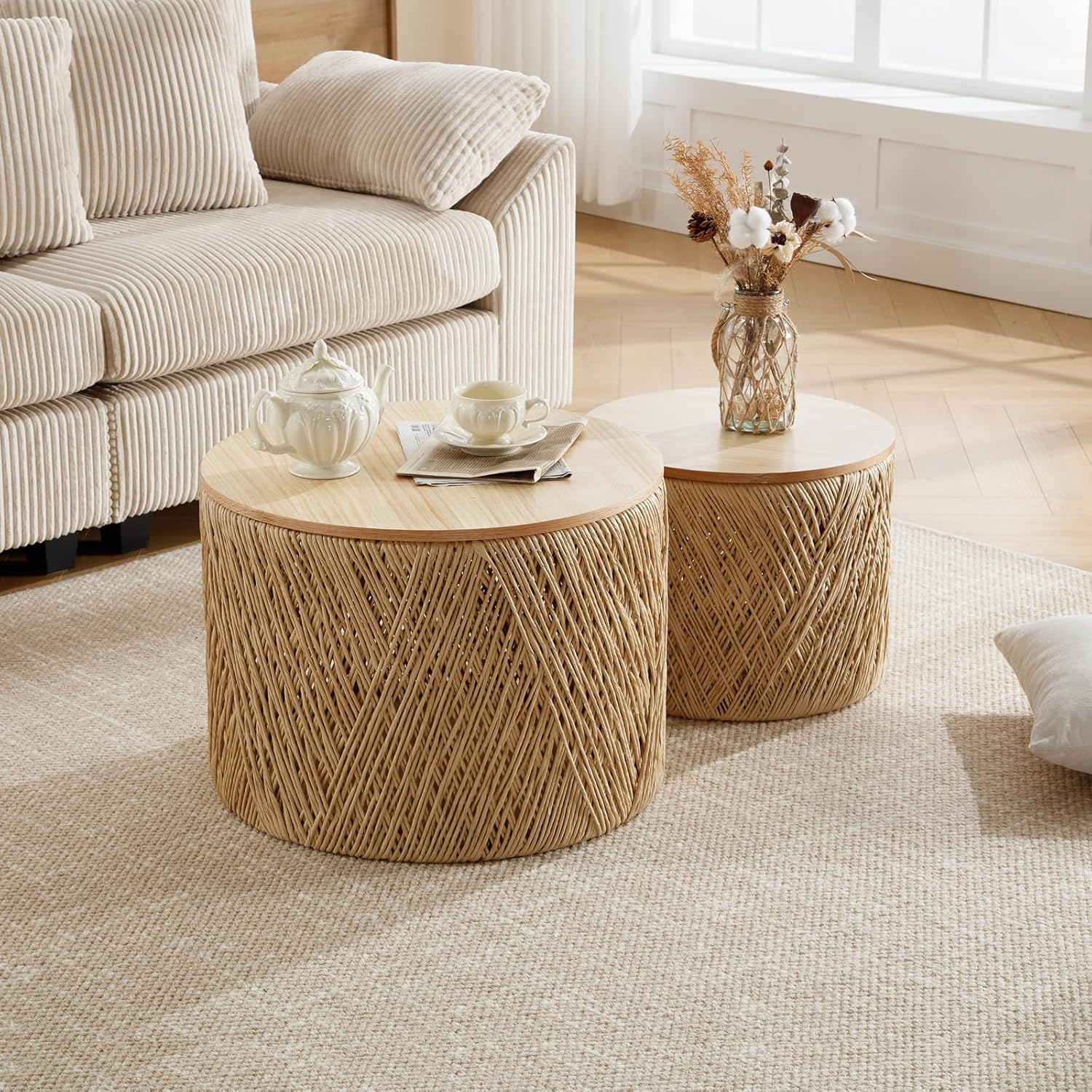 Nesting Table Set of 2 Round Wooden Coffee Tables Rustic Woven Center Table for Living Room Bedroom Apartment No Assembly Required, Natural
