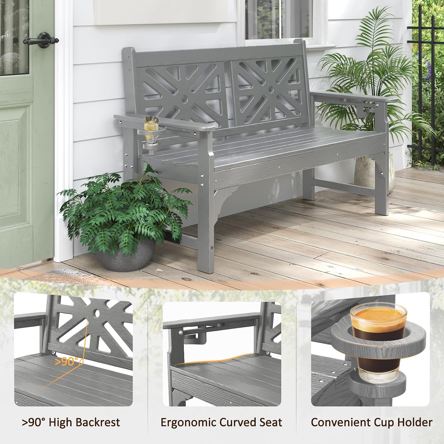 nalone Outdoor Bench with Cup Holders, HDPE Porch Bench Fade Proof (Grey) | Load up to 800 Lbs, For Patio Park Garden Porch, Low Maintenance, All weather Material Fade Proof